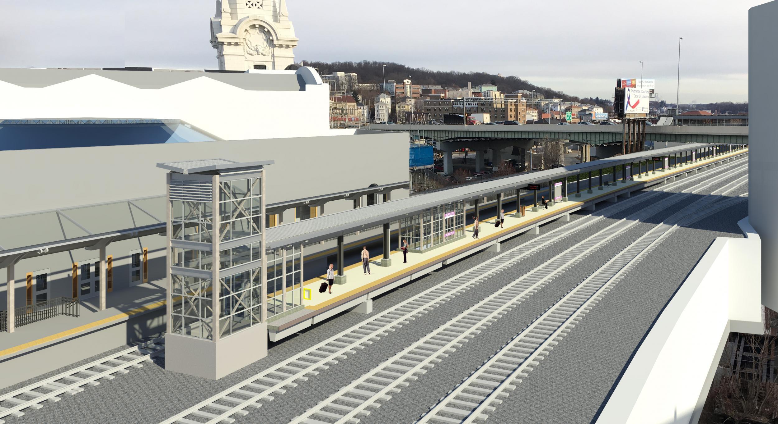 A rendering of the proposed changes at Worcester Station as viewed from the garage roof
