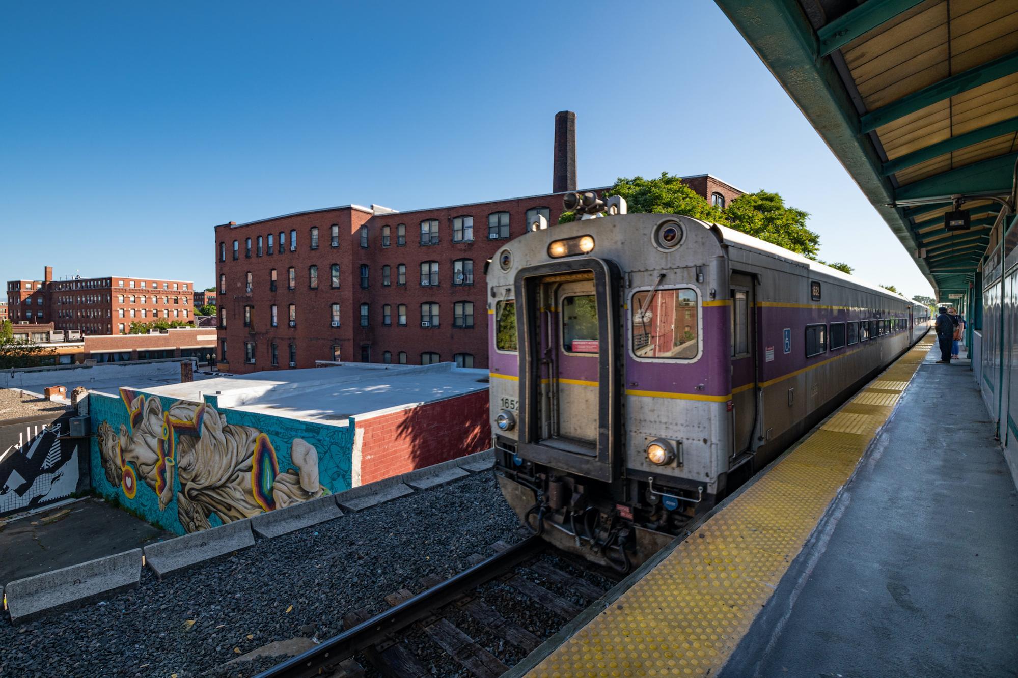 Commuter Rail train approaching platform at Central Square - Lynn Station