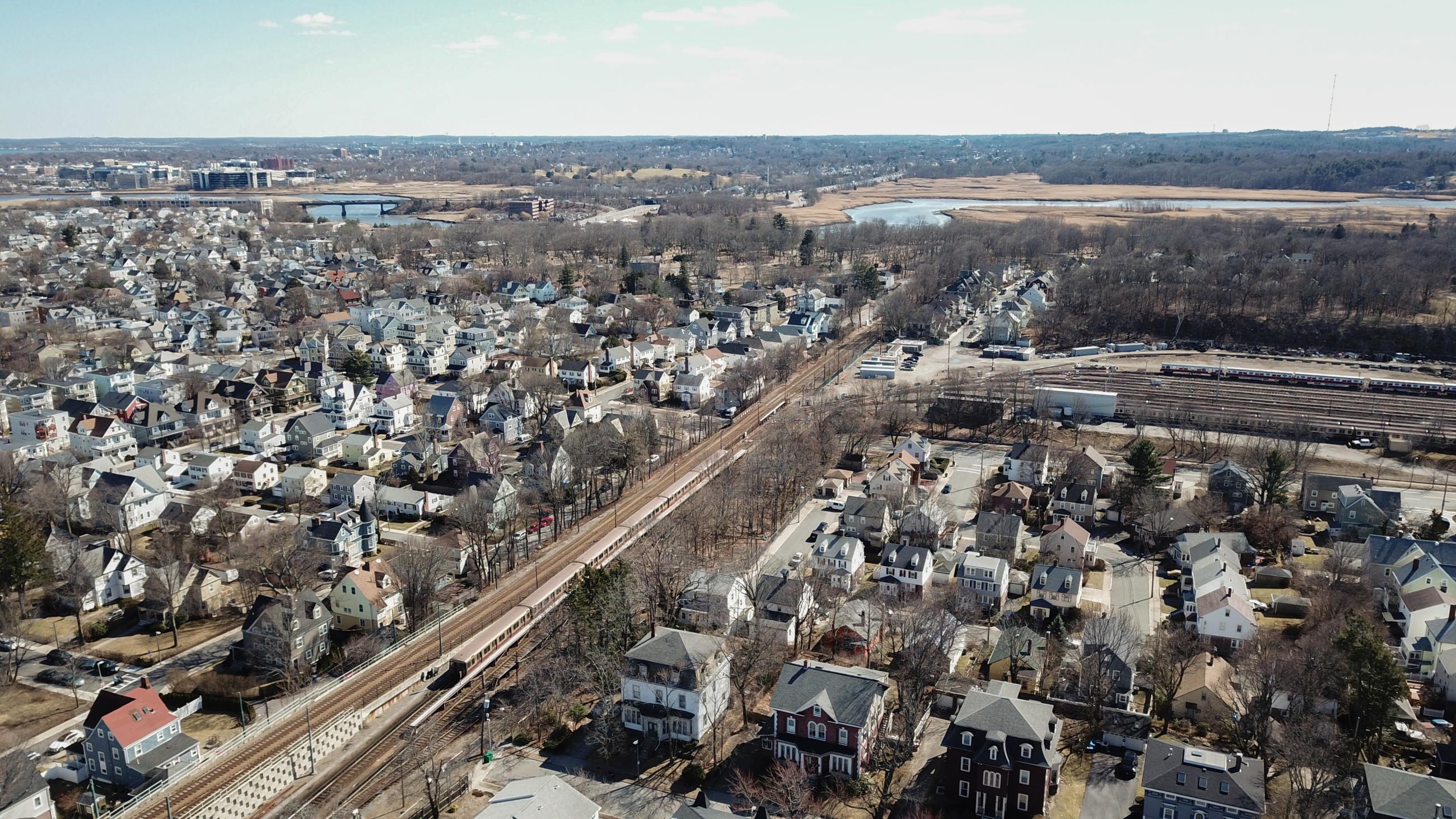 An aerial view of Codman Yard, where Red Line vehicles are stored each night