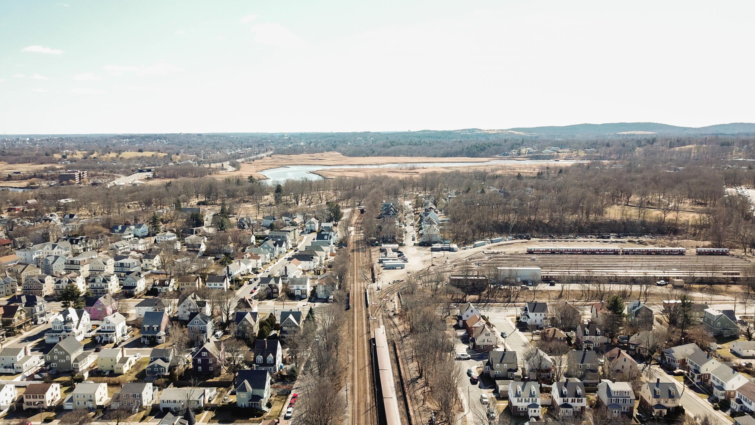 An aerial view of Codman Yard, where Red Line vehicles are stored each night