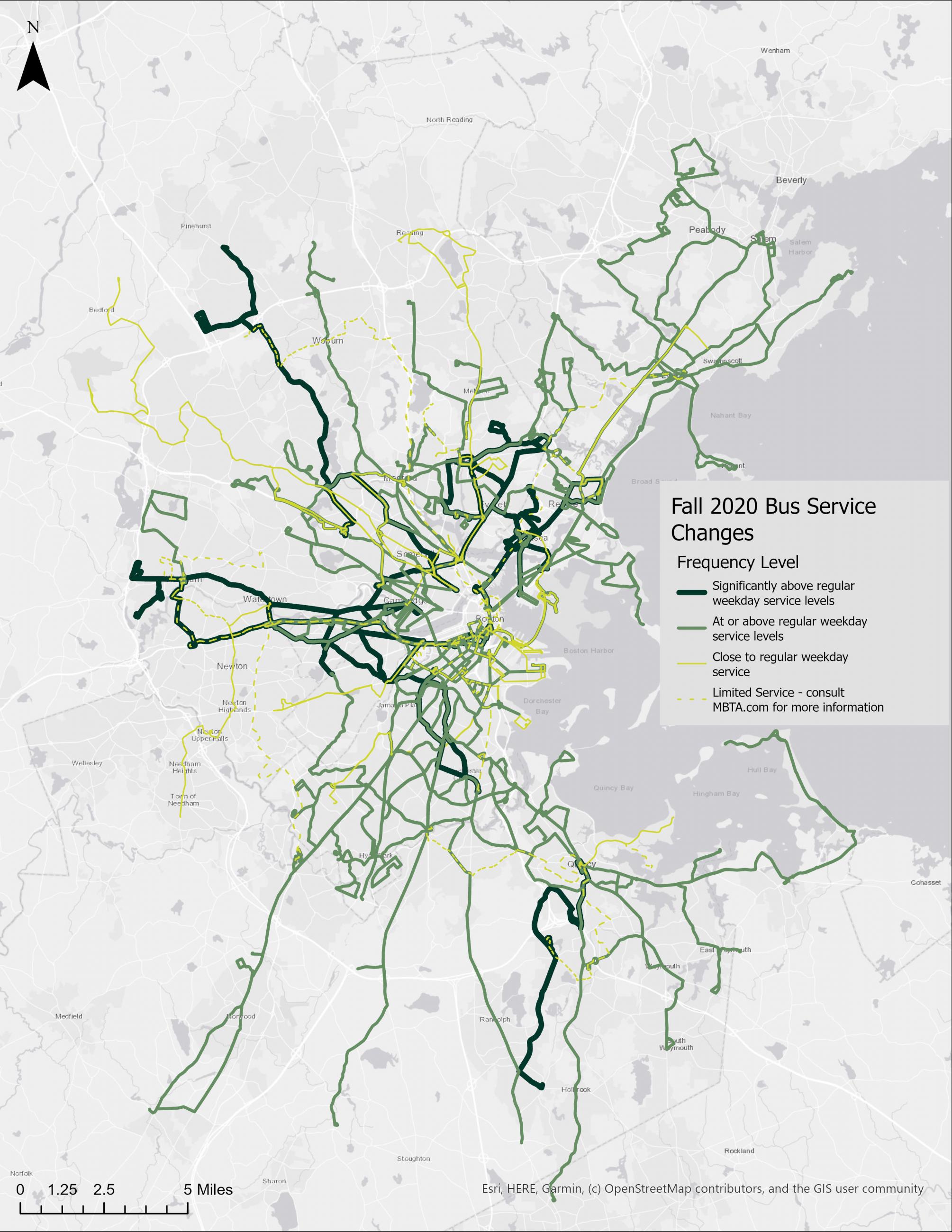 This image shows the changes in Frequency Level being implemented in the Fall 2020 bus service changes. More details on specific routes can be found on MBTA.com.