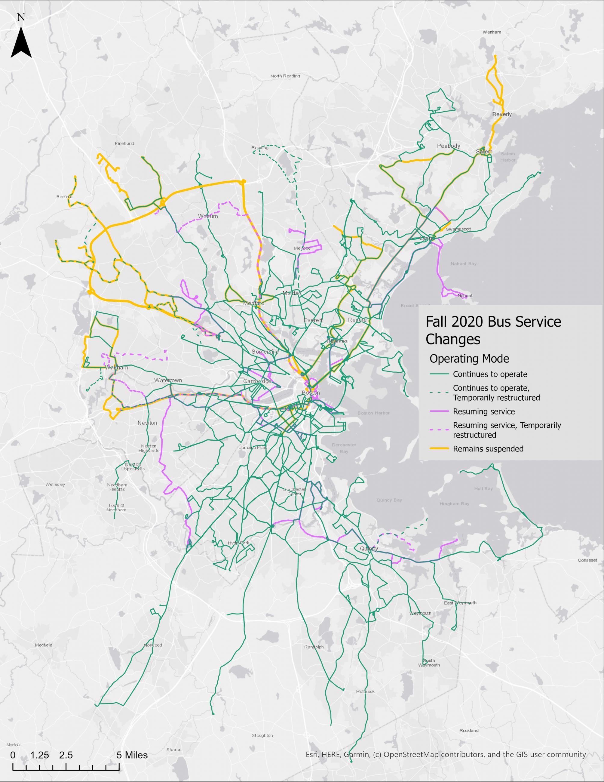This image shows the changes in Operating Mode being implemented in the Fall 2020 bus service changes. More details on specific routes can be found on MBTA.com.