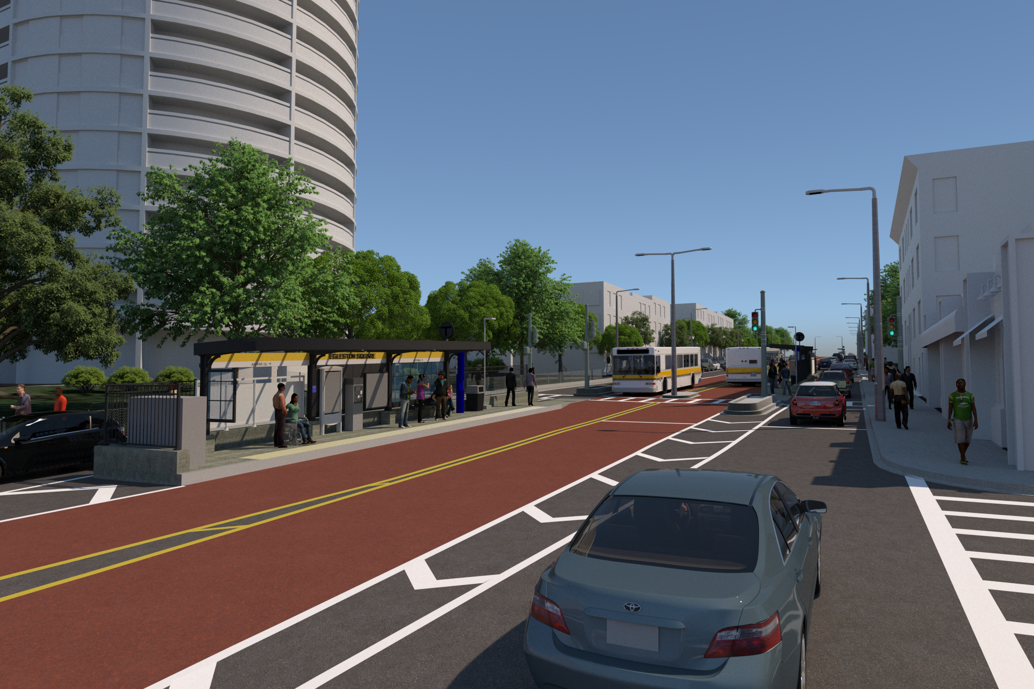 Ground level view of red bus lanes on Columbus Avenue in Boston. Clear day with cars parked along the street.