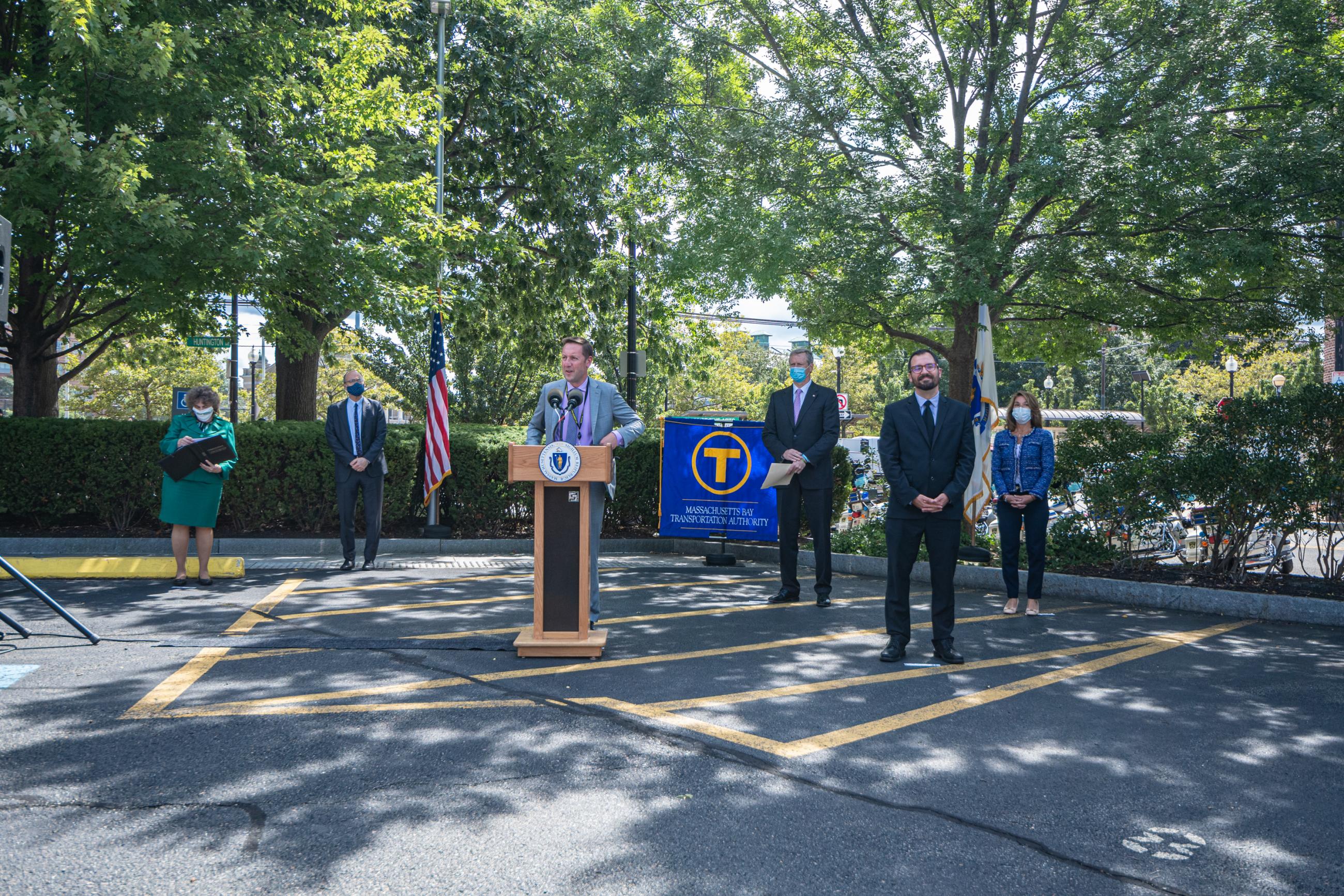 Governor Baker, Lieutenant Governor Polito, MassDOT Secretary Pollack, MBTA General Manager Poftak near Museum of Fine Arts Station along the Green Line E Branch.