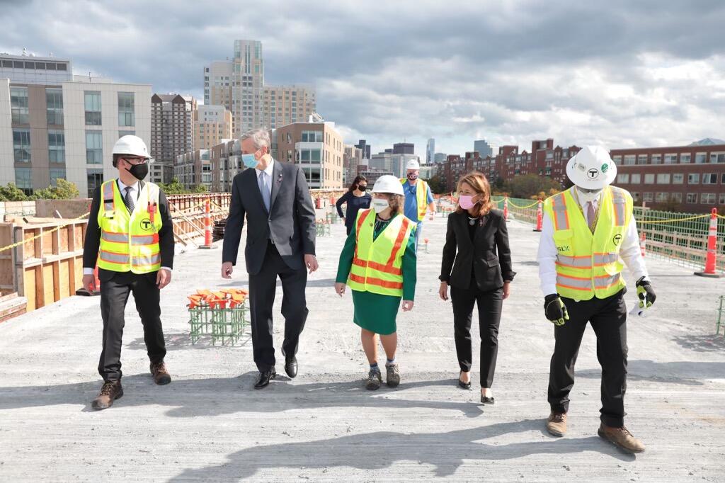 MBTA General Manager Steve Poftak, Governor Charlie Baker, Transportation Secretary and CEO Stephanie Pollack, Lt. Governor Karyn Polito, GLX Project Manager John Dalton, and others tour GLX construction.