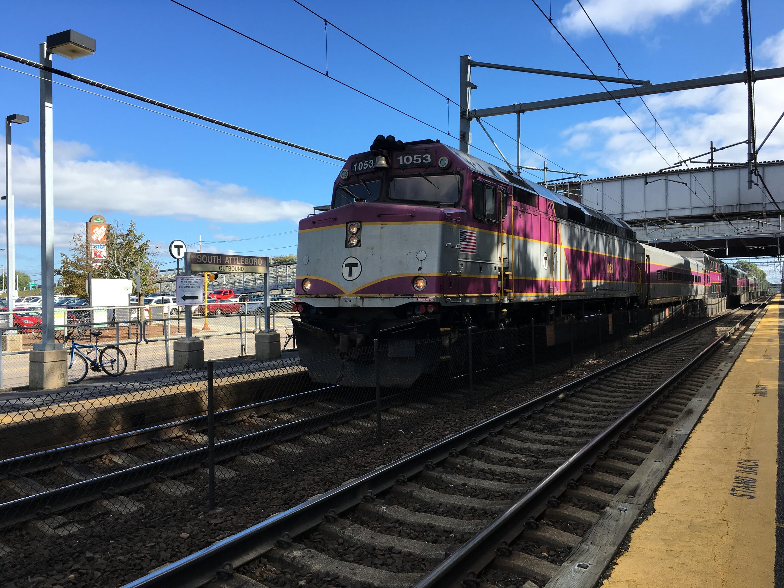 View of outbound commuter rail train stopped at the South Attleboro station.