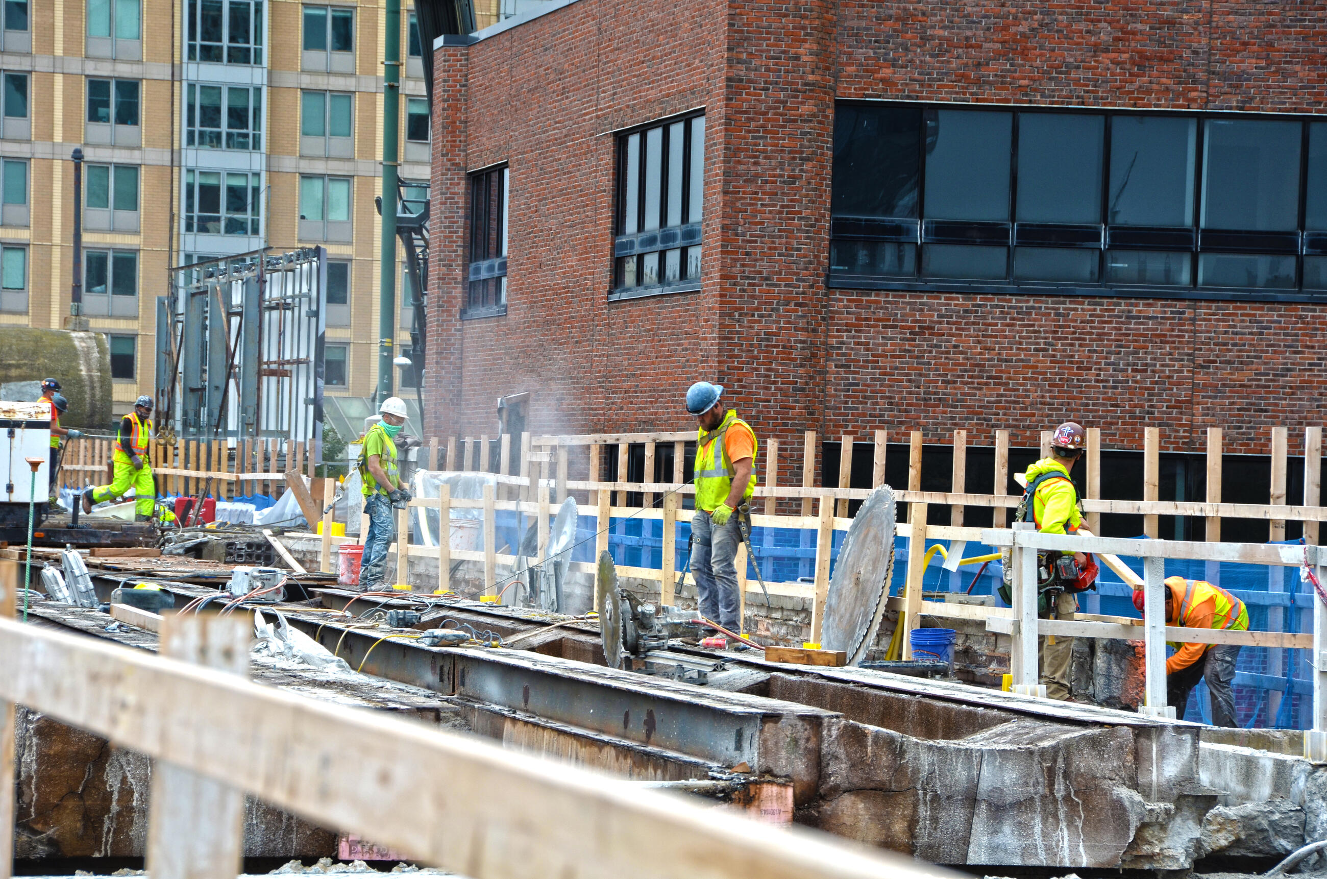 A crew works on tracks as part of the Lechmere Viaduct Rehabilitation (October 2020)