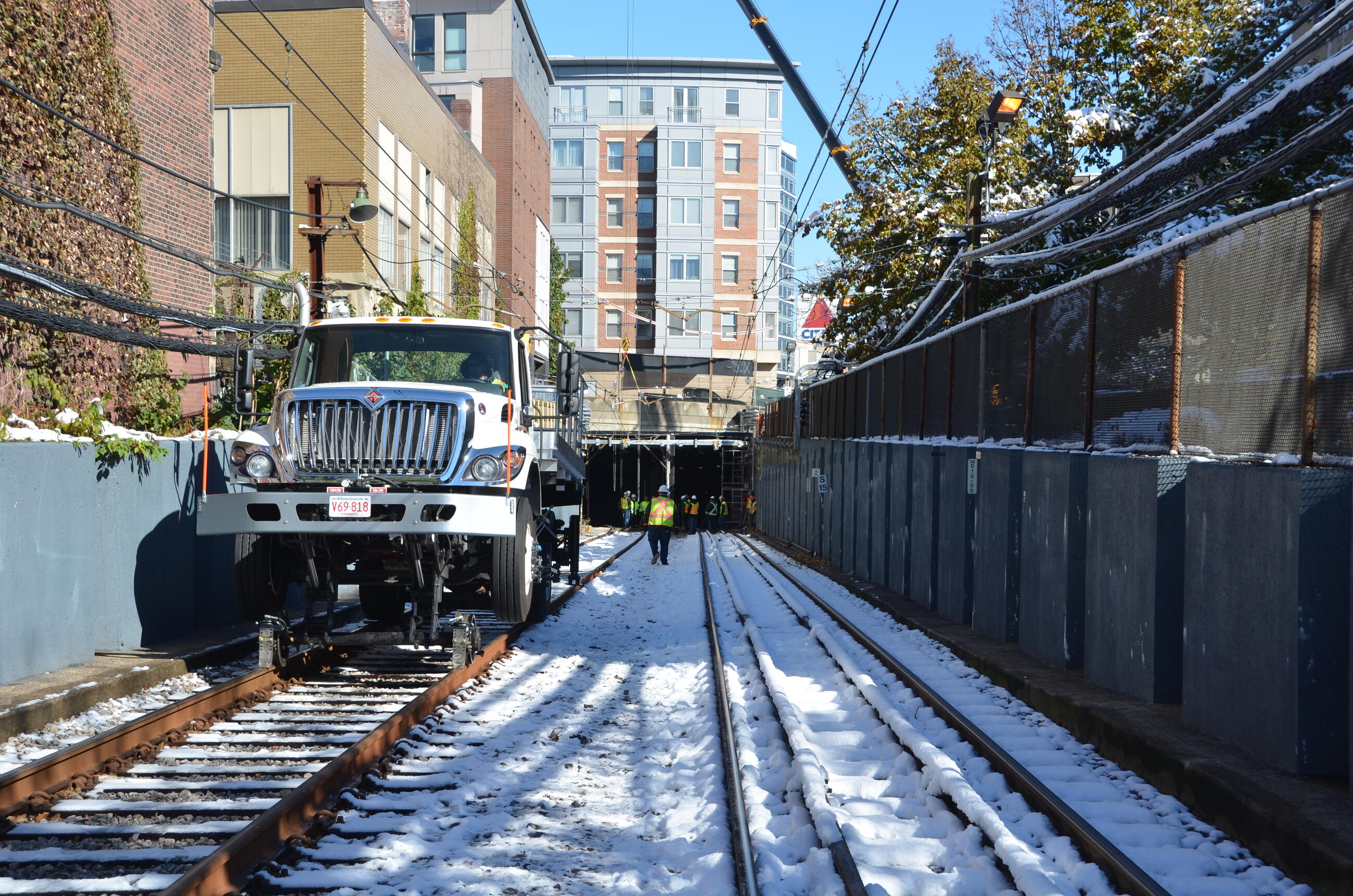 A crew works on the Fenway Portal Flood Protection Project on the Green Line D (November 2020)