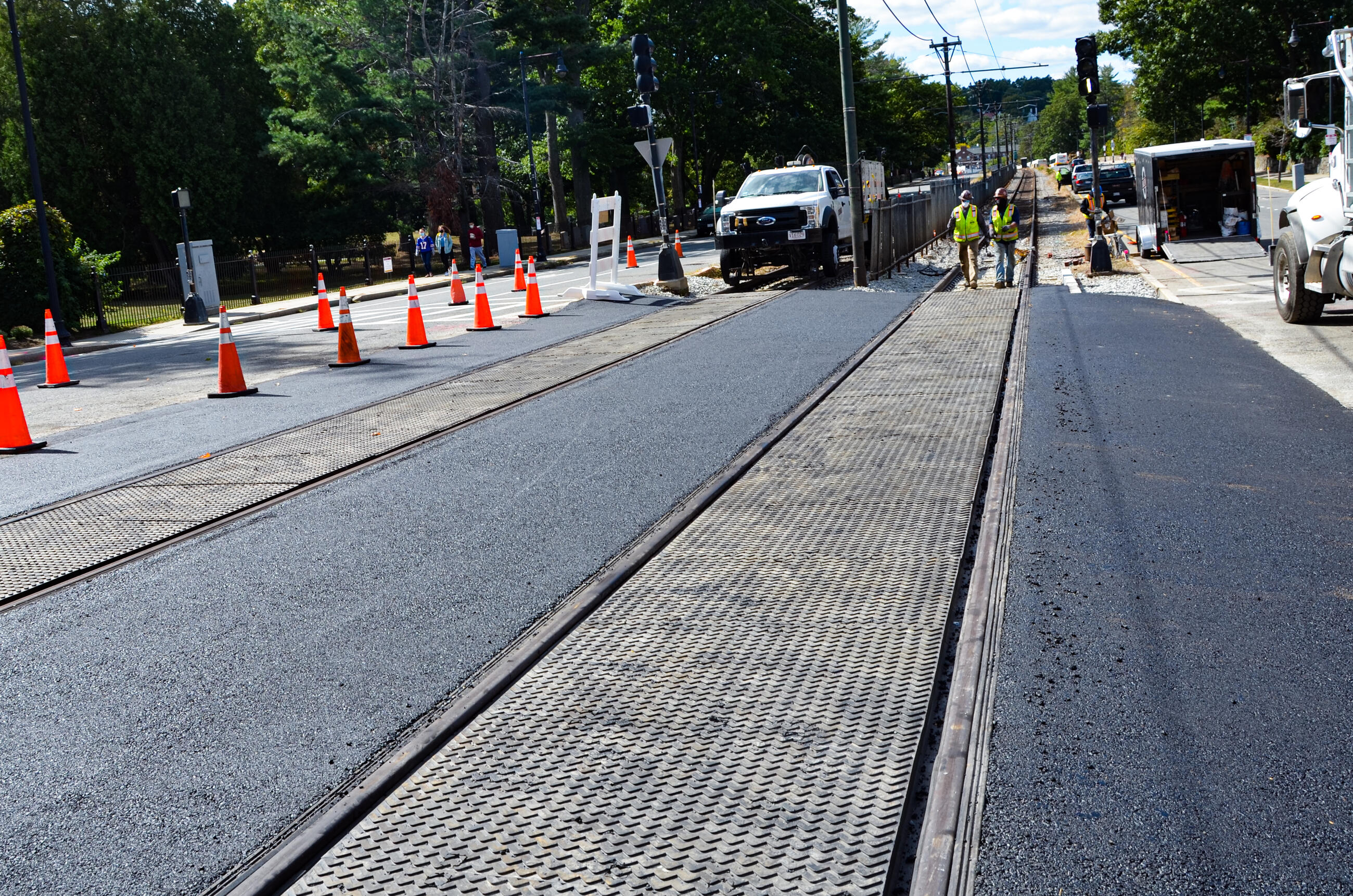 A crew works on B Branch track and intersection upgrades as part of the Green Line Transformation (September 2020)