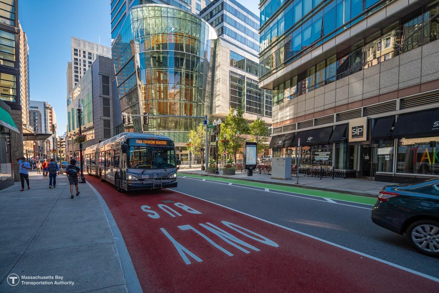 A Silver Line Bus is seen traveling on a dedicated bus lane on Washington Street in Downtown Boston