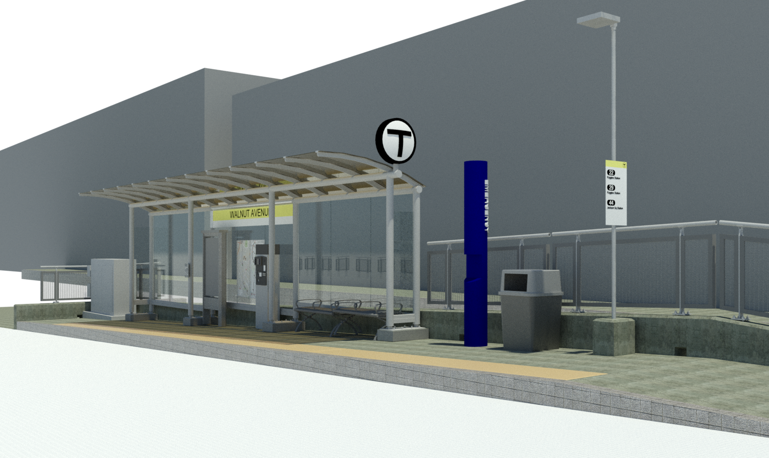 A rendering of a new bus boading platform, with a tactile strip, bus shelter, emergency call box, and lighting. Part of the Columbus Avenue bus lane project.