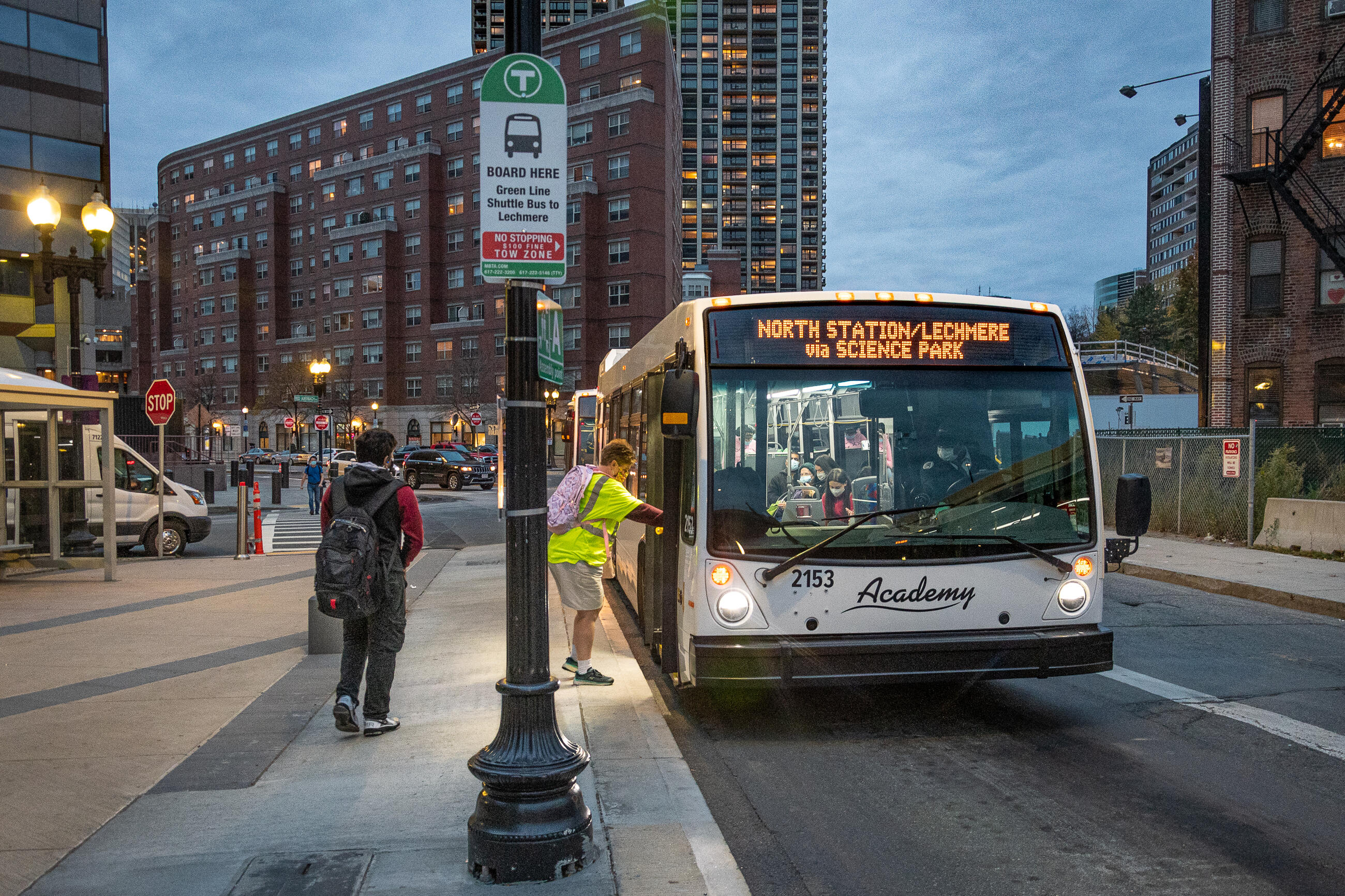 Green Line E bus shuttle picking up at North Station, bound for Lechmere.