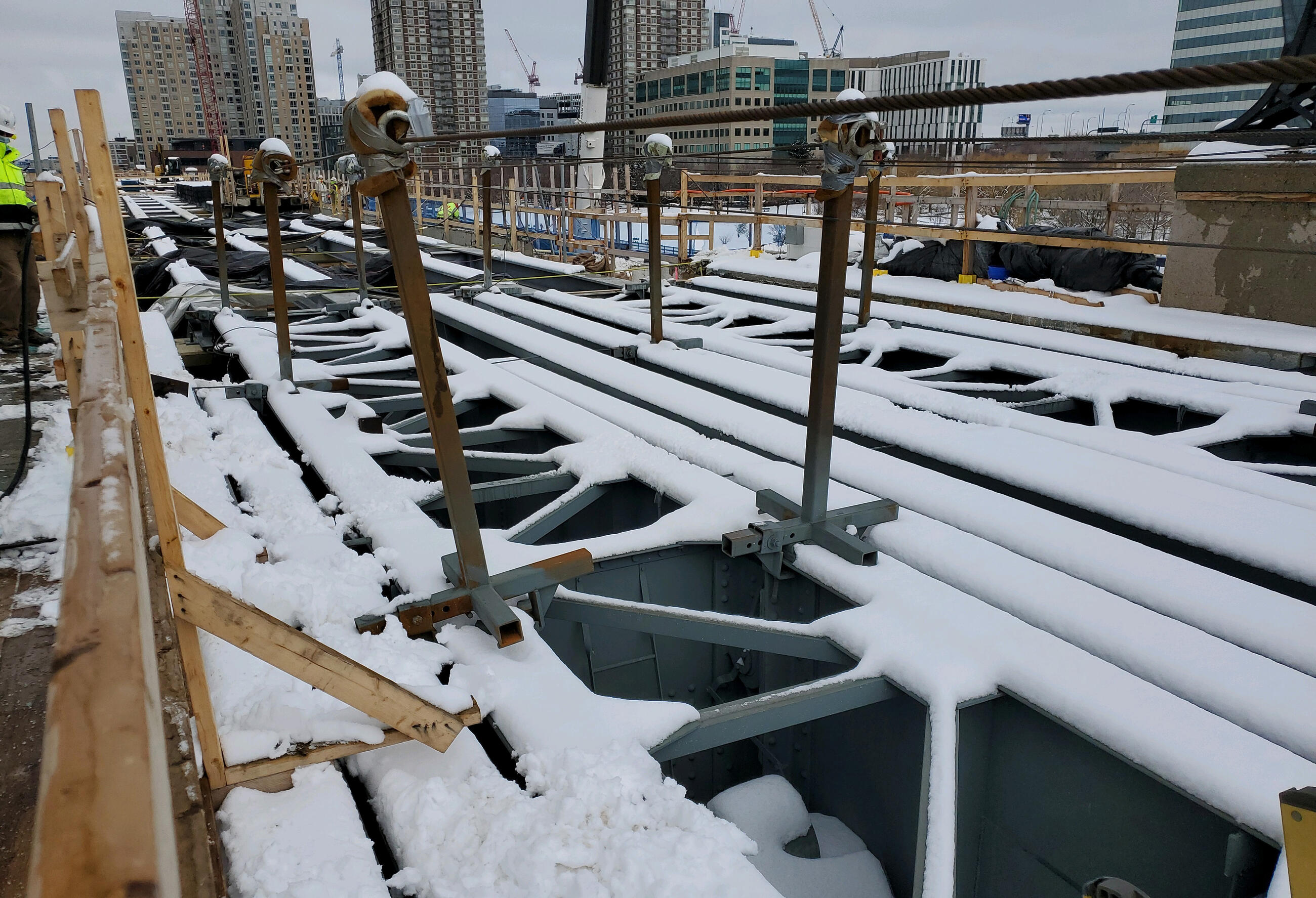 Lechmere Viaduct Rehabilitation construction, covered in snow