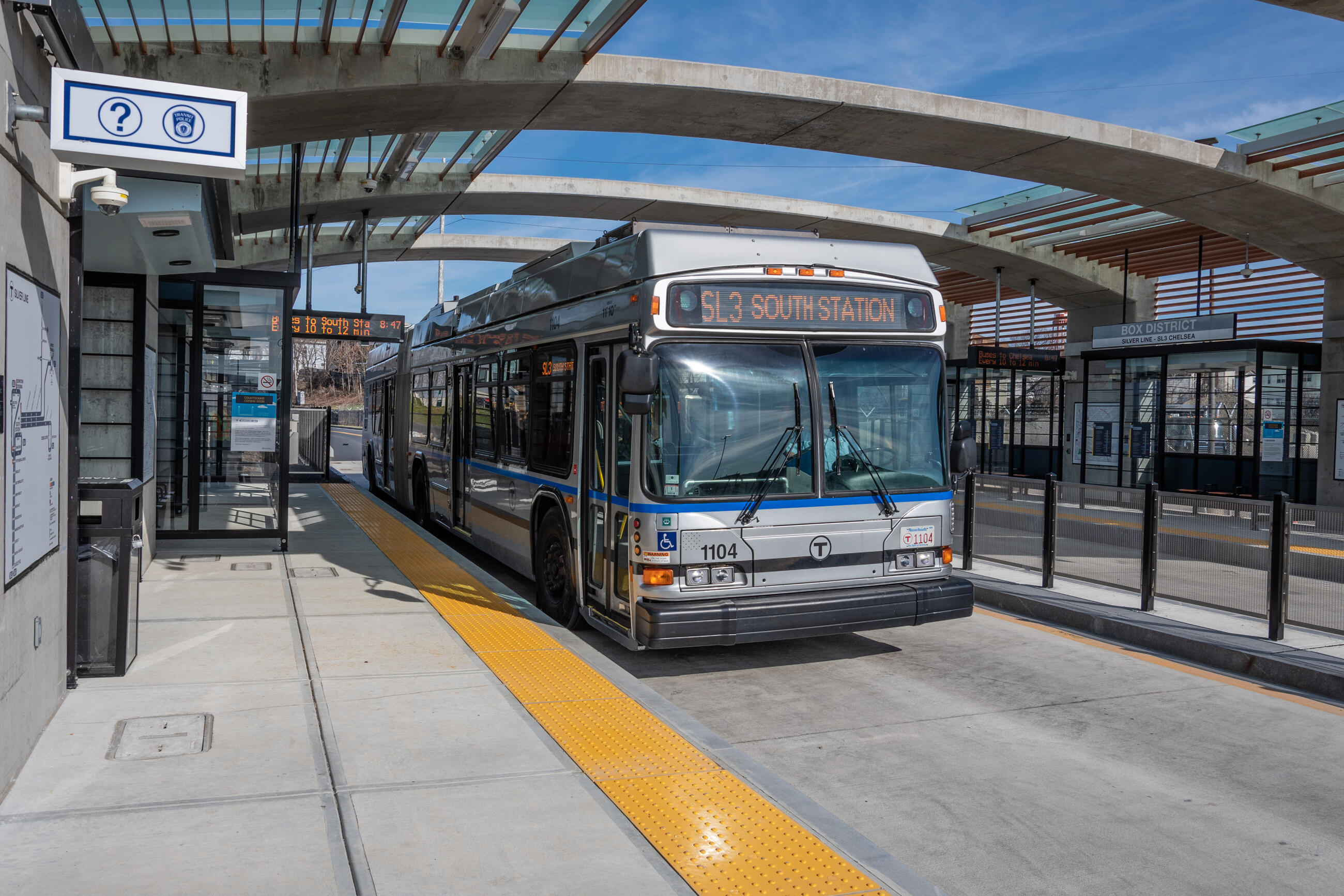 A closeup of a Silver Line bus with "SL3 South Station" in its headsign at Box District Station in Chelsea.