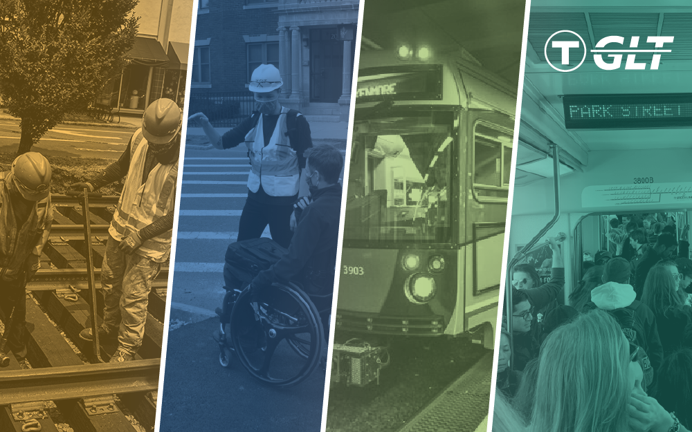 Four slices of images: 1) a construction crew working on the tracks, 2) a T employee with a safety vest and hard hat giving directions to a man in a wheelchair, 3) the exterior of a Green Line train, 4) the interior of a Green Line train, with many riders.
