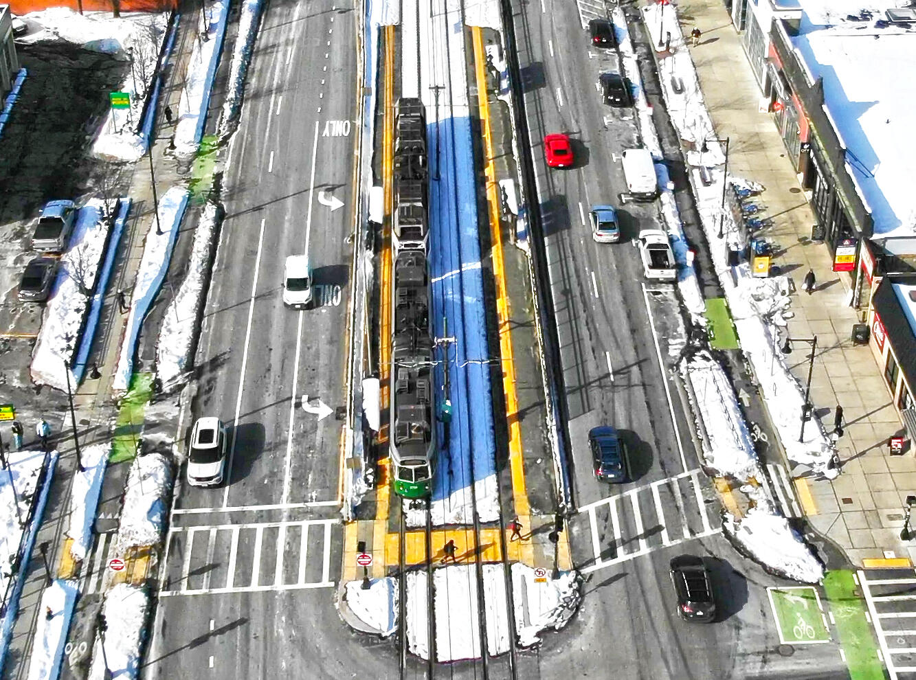 An aerial view of Pleasant St Station on the Green Line B Branch