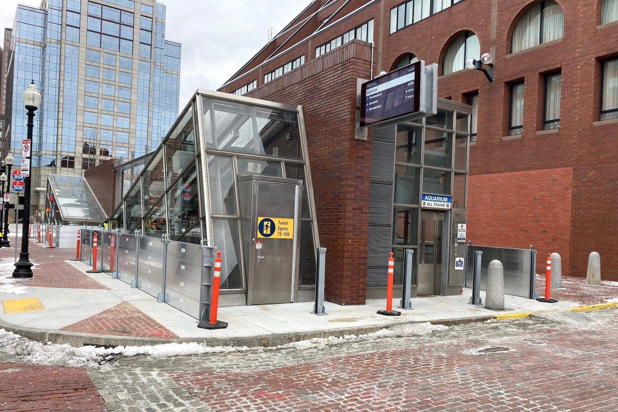 New plank system for flood control at an entrance of Aquarium Station.