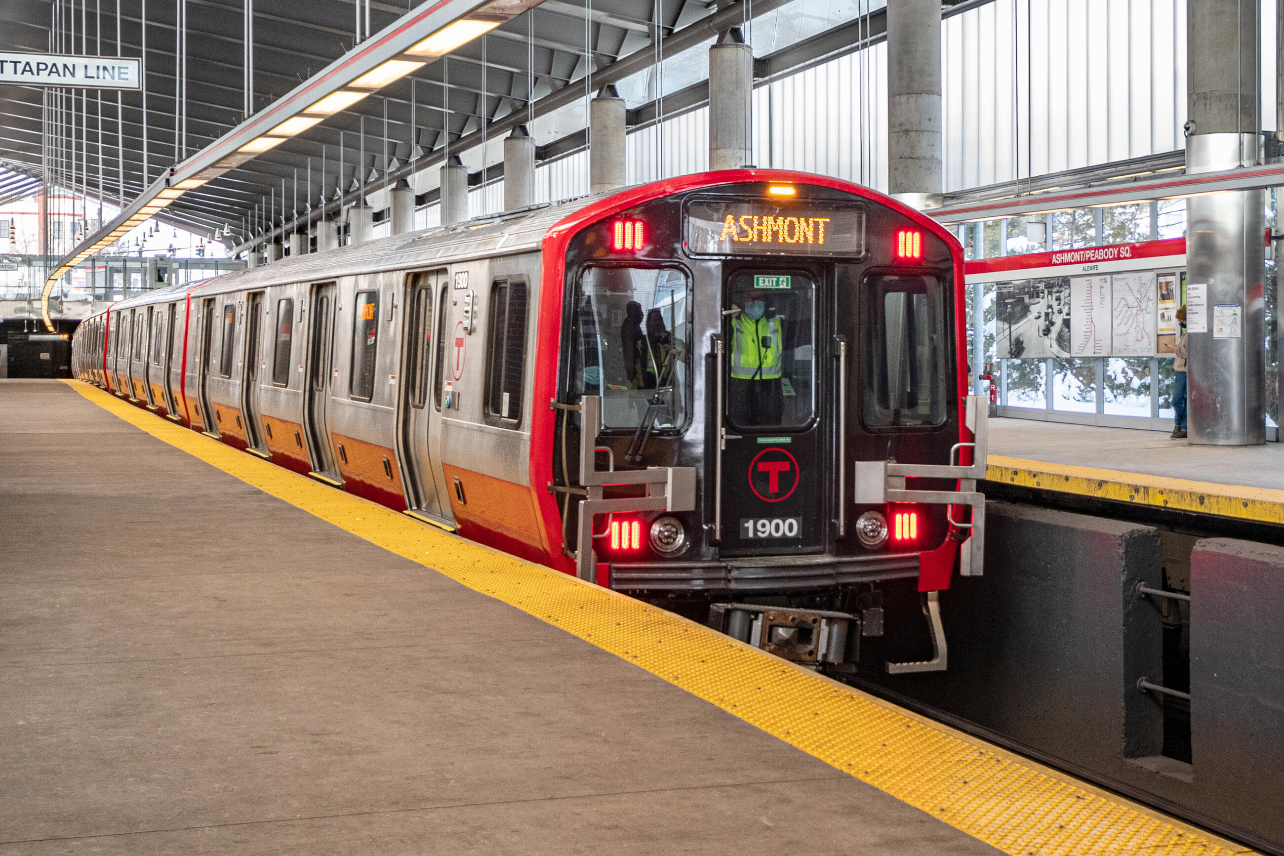 A new Red Line train in Ashmont station