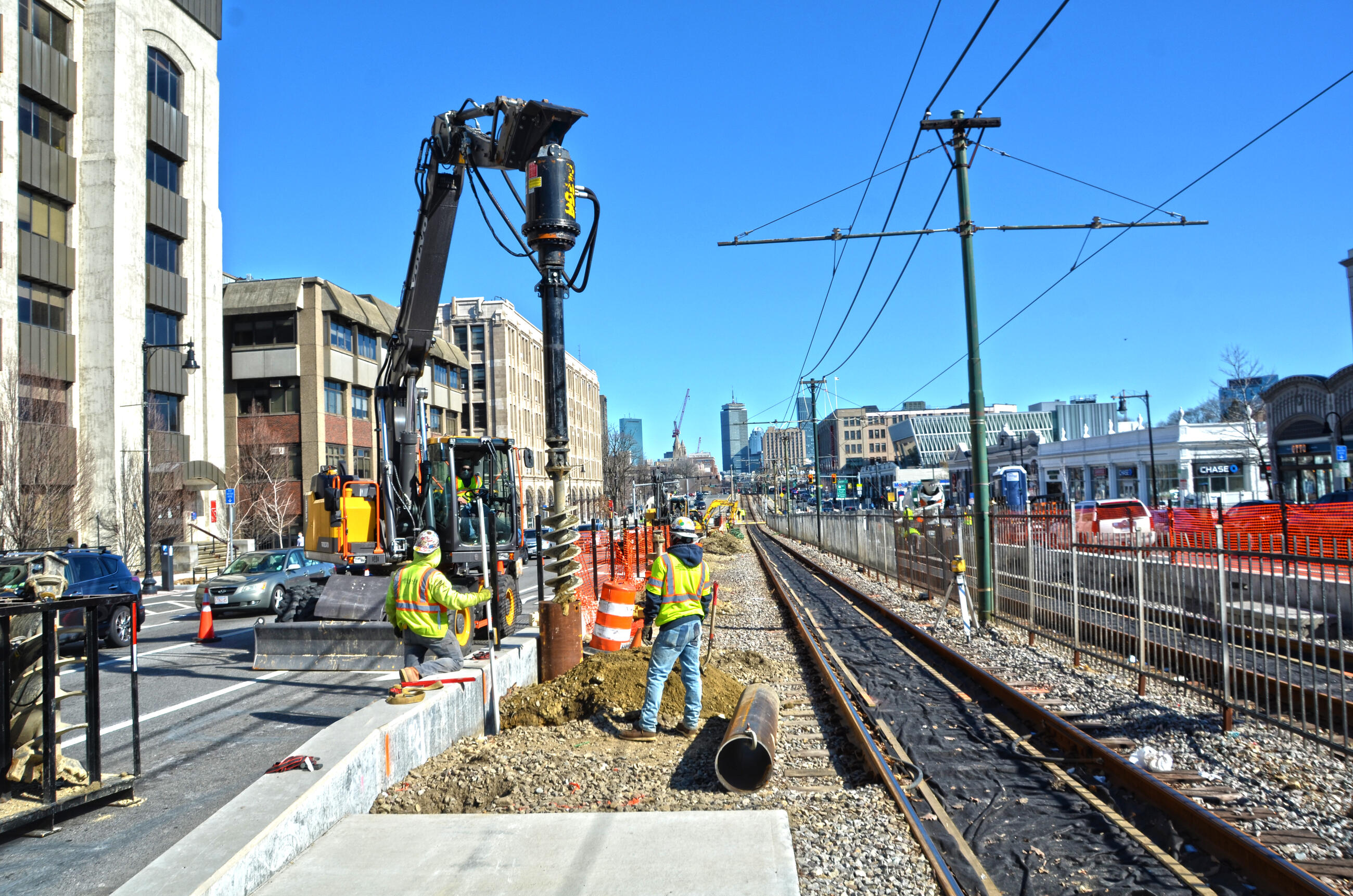 Crews drill shafts on Commonwealth Ave near St. Paul Street for B Branch Station Consolidation