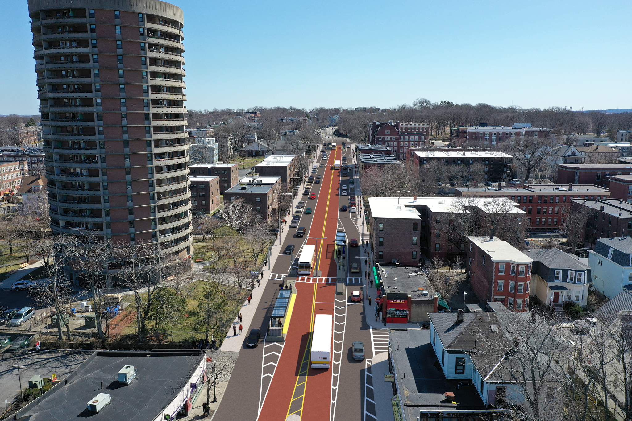 Aerial rendering of transit and pedestrian improvements being constructed on Columbus Avenue near Egleston Square in Boston, which will be completed in 2021.