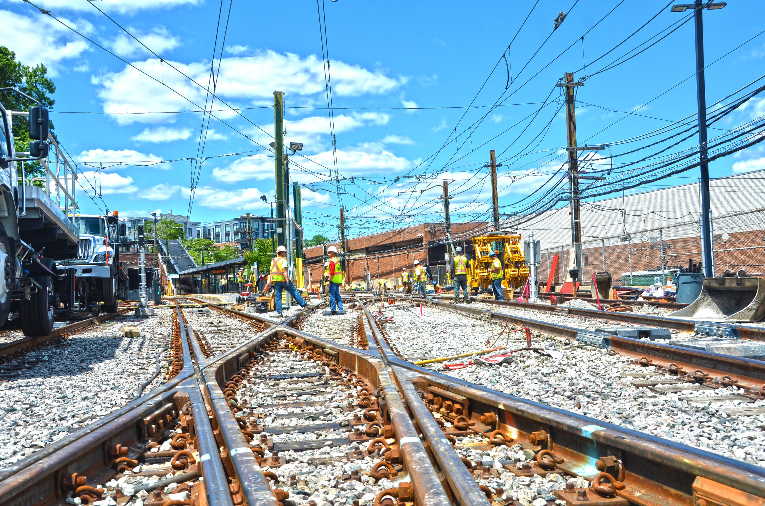 Crews work on special trackwork at the Reservoir Yard on the Green Line D Branch 