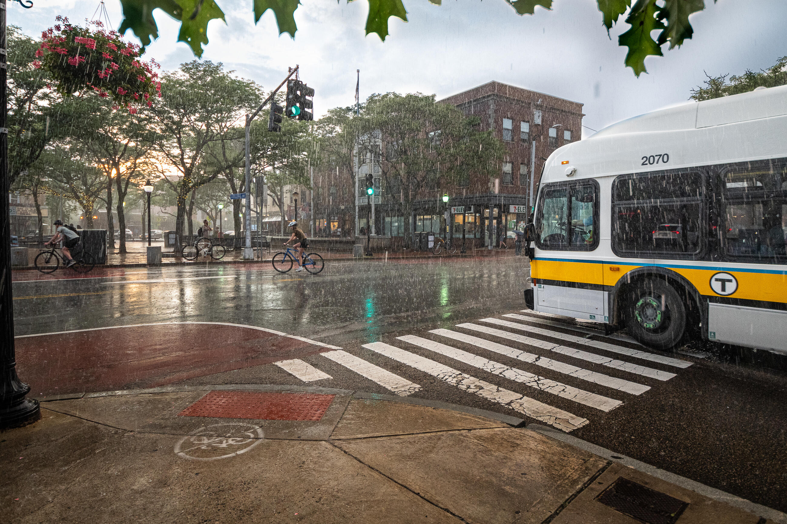 intersection in Davis Square with MBTA in heavy rain