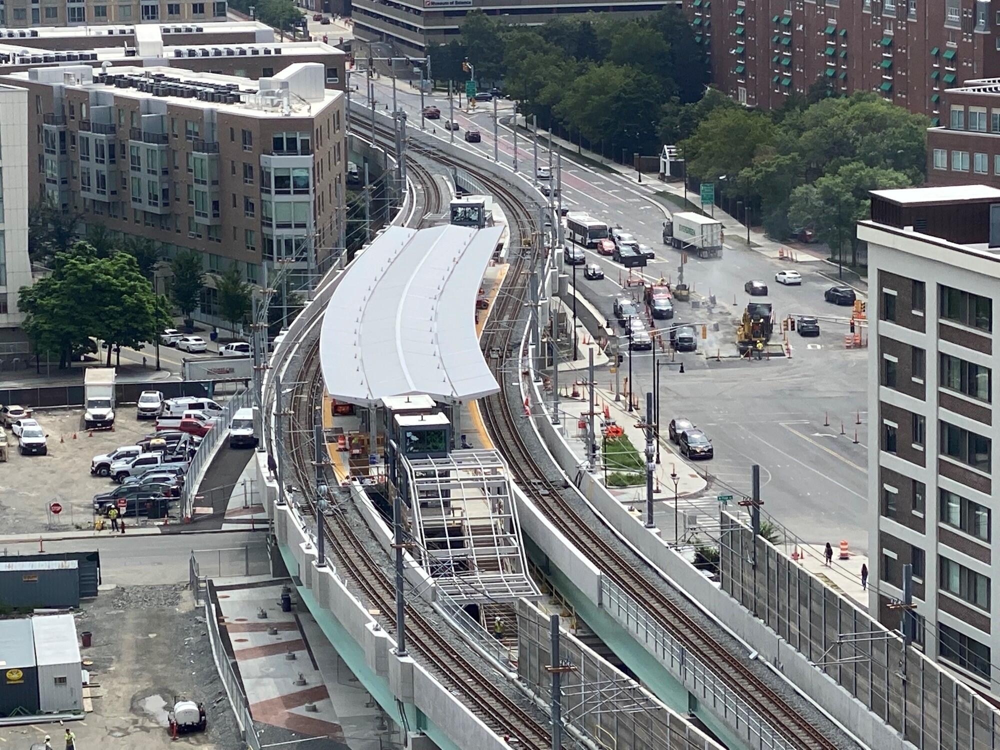 An arial view of the new Lechmere Station, facing South.