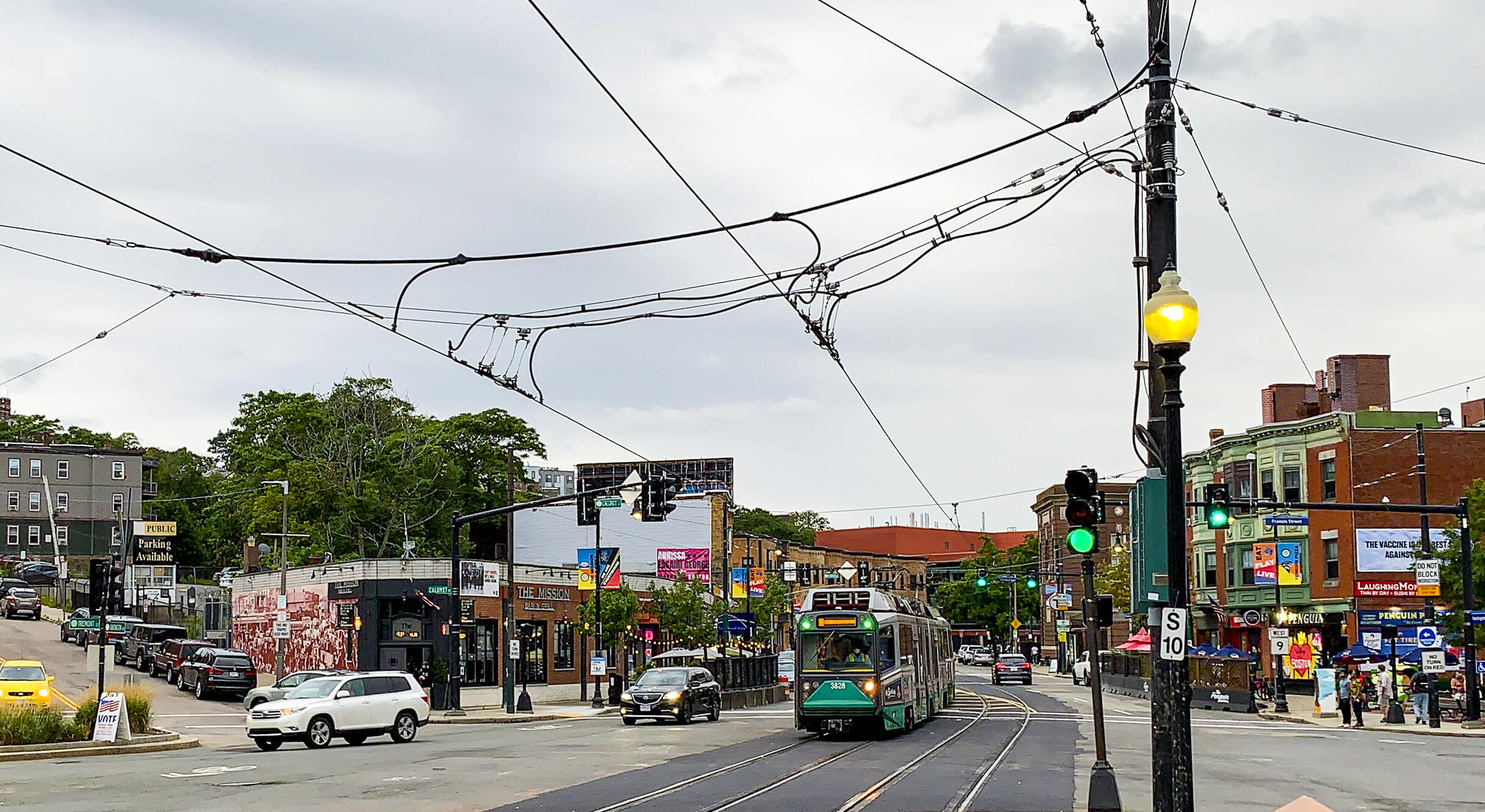 Green Line E Branch test train prior to resuming service.