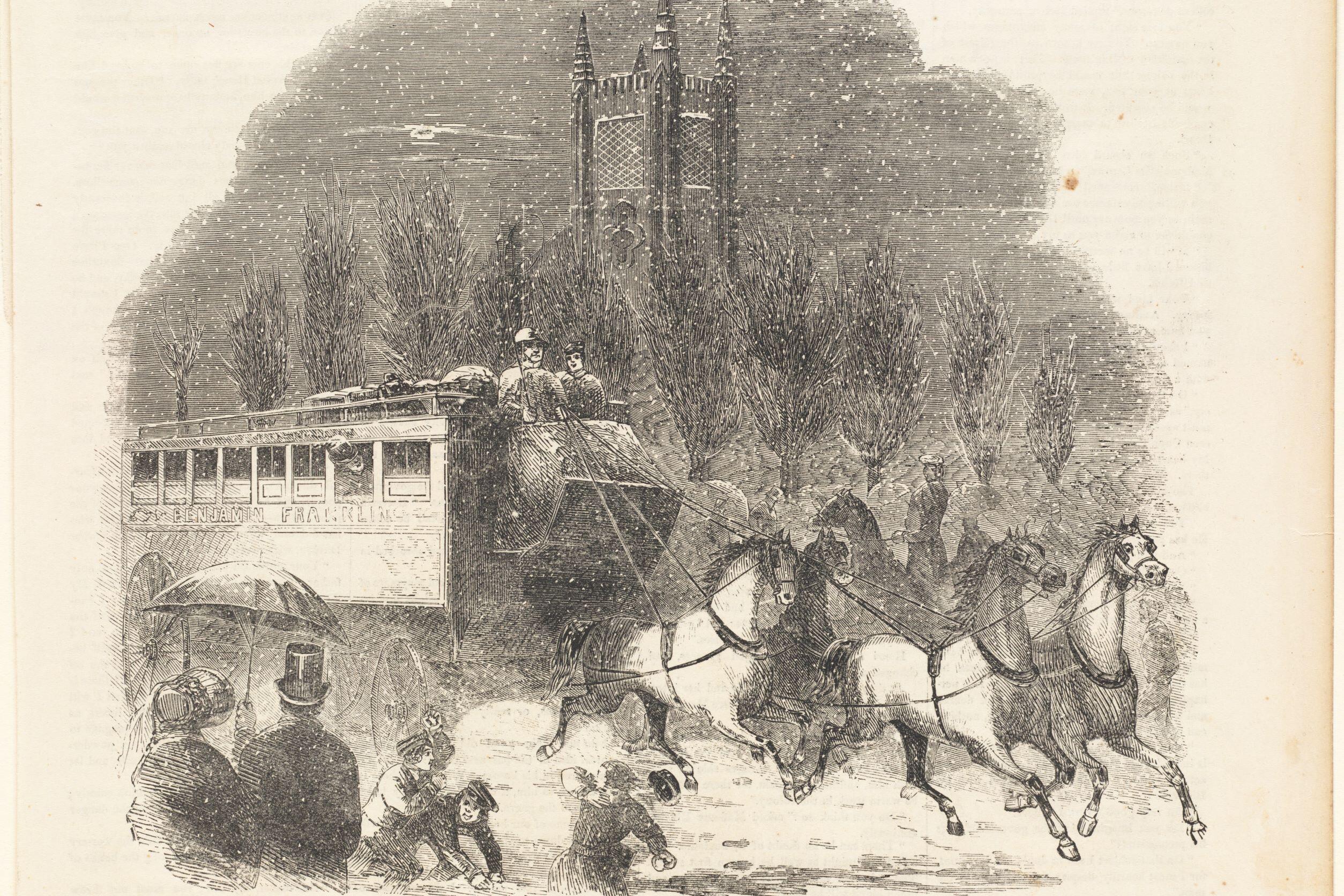 Cambridge omnibus passing Bowdoin Square church in a snowstorm.