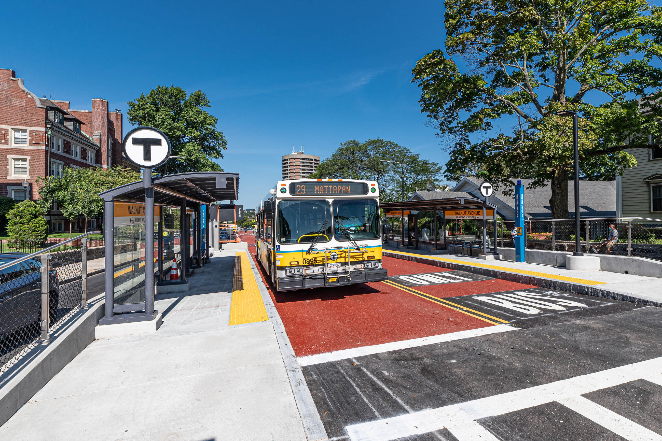 a route 29 bus uses the Columbus Avenue bus lane