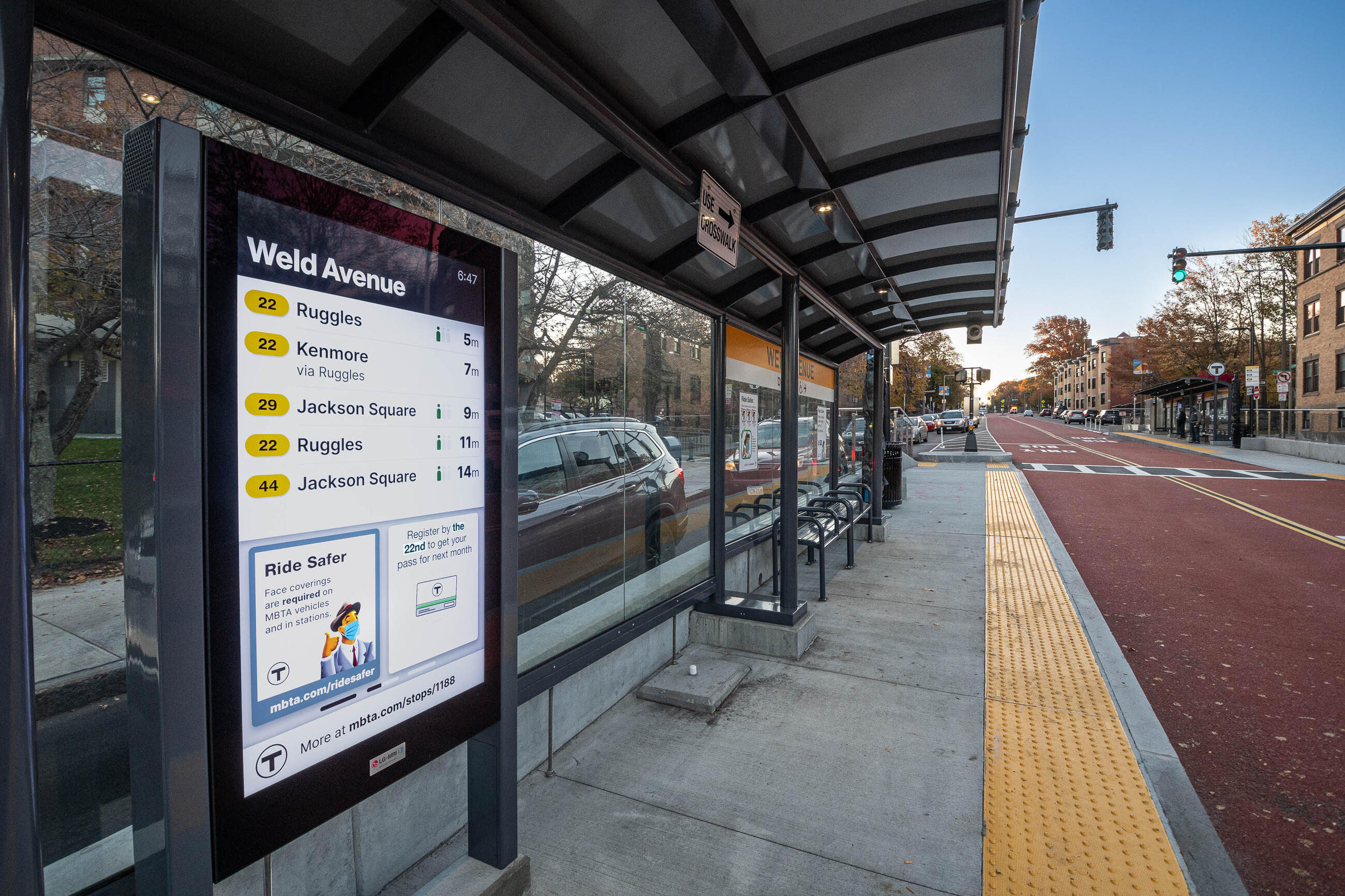 The Columbus Avenue boarding platforms feature seating, canopies, and important accessibility improvements like large digital panels dedicated to real-time information that also include an audio component.
