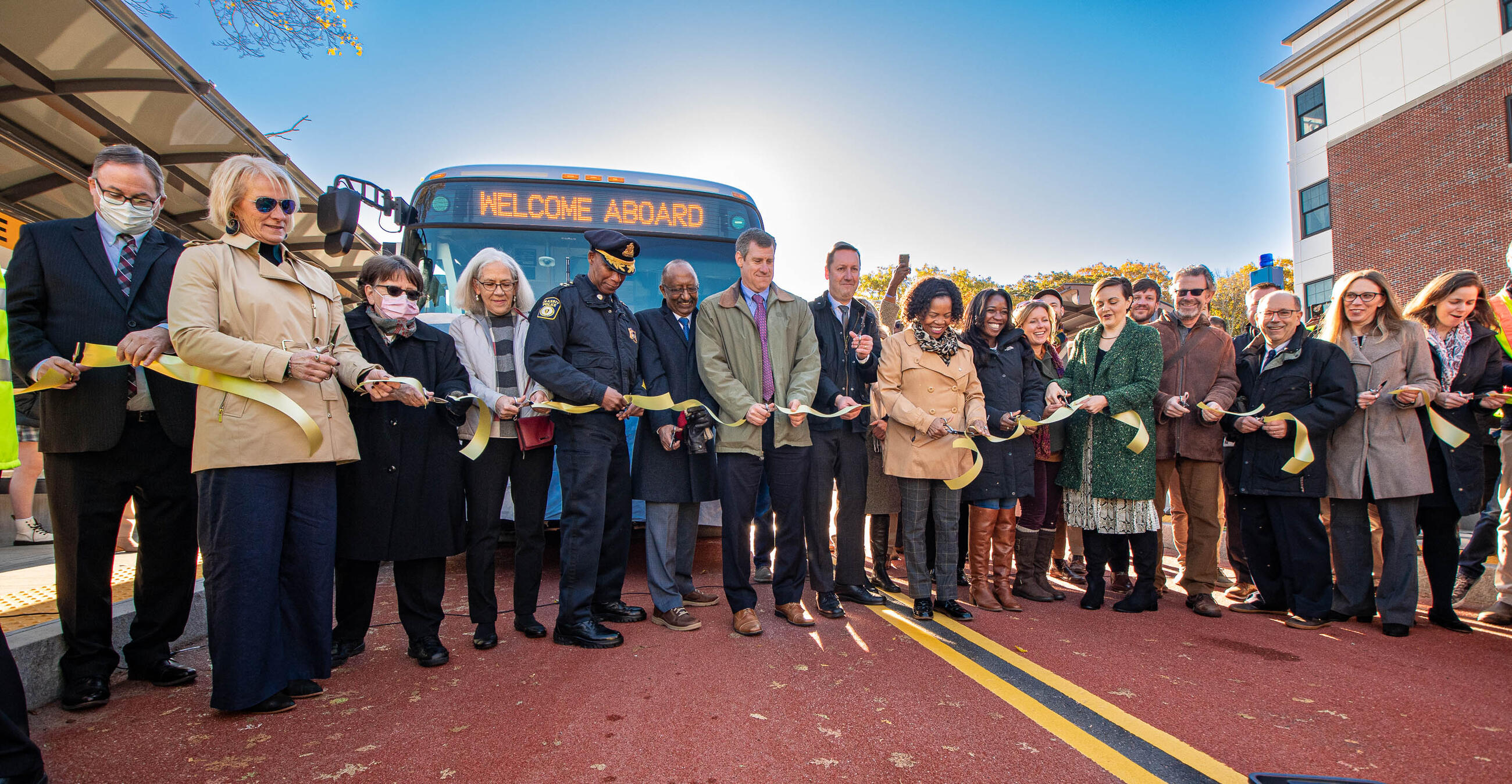 MassDOT Secretary and CEO Jamey Tesler, MBTA General Manager Steve Poftak, City of Boston Mayor Kim Janey, MBTA leadership staff, community leaders, and advocates celebrated the opening of Columbus Avenue’s center-running bus lane facility with a ribbon-cutting event.