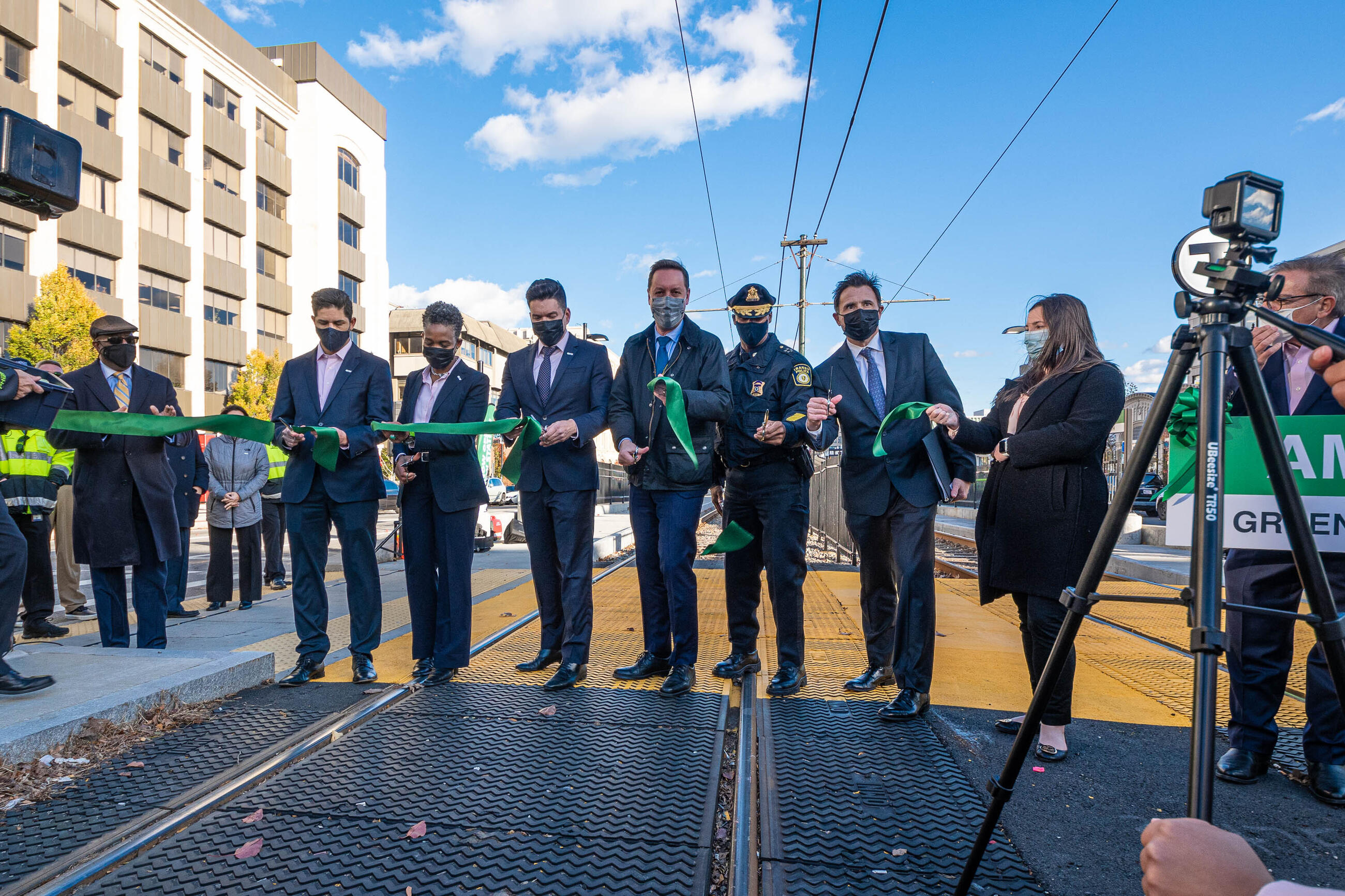 From left to right: MBTA GLT Senior Director Andres Achury, MBTA GLT Deputy Chief Desiree Patrice, MBTA Chief of Capital Transformation Angel Peña, MBTA General Manager Steve Poftak, MBTA Chief of Transit Police Kenneth Green, BU Vice President of Operations Derek Howe.