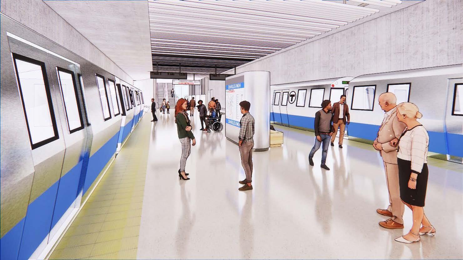 A digital rendering of a possible future Blue Line platform at the Charles/MGH station