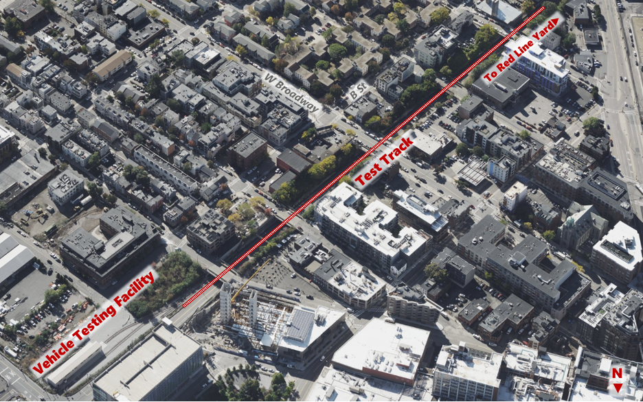 An aerial view of the vehicle testing facility, test track, and red line yard near Broadway station and Cabot Yard