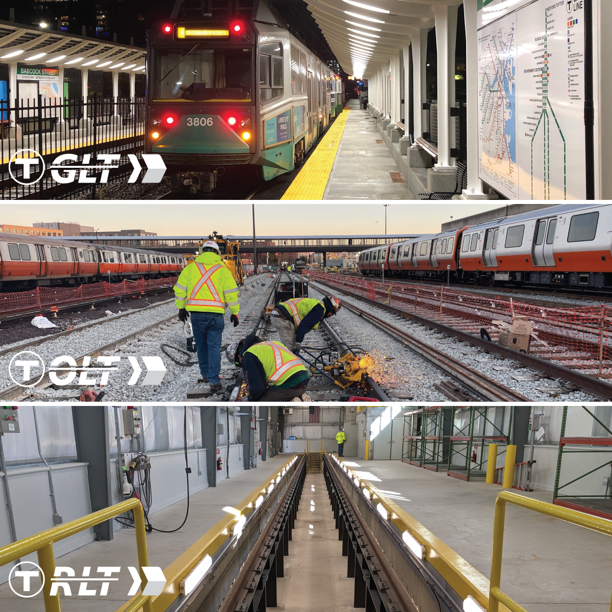 Images of a green line train, workers on orange line tracks, and the red line testing facility with GLT, OLT, and RLT overlayed