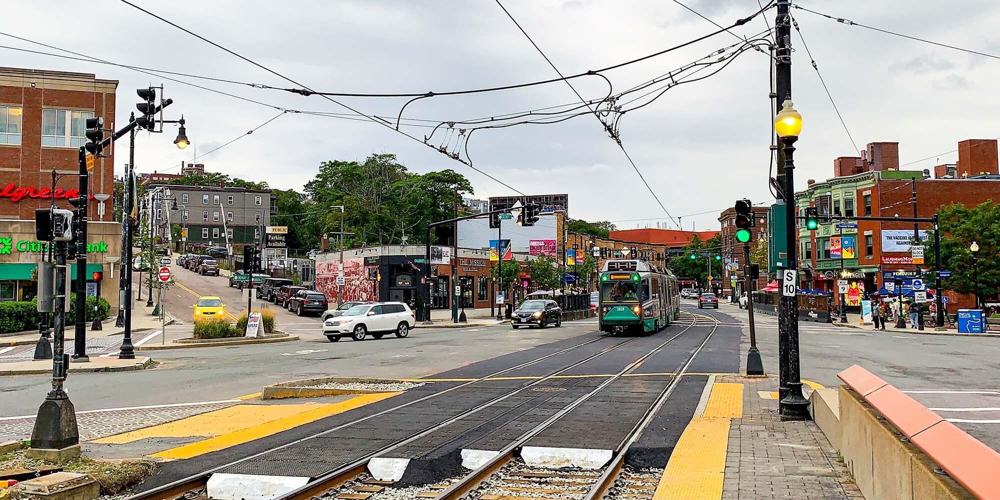 A newly completed intersection with a green line trolley crossing