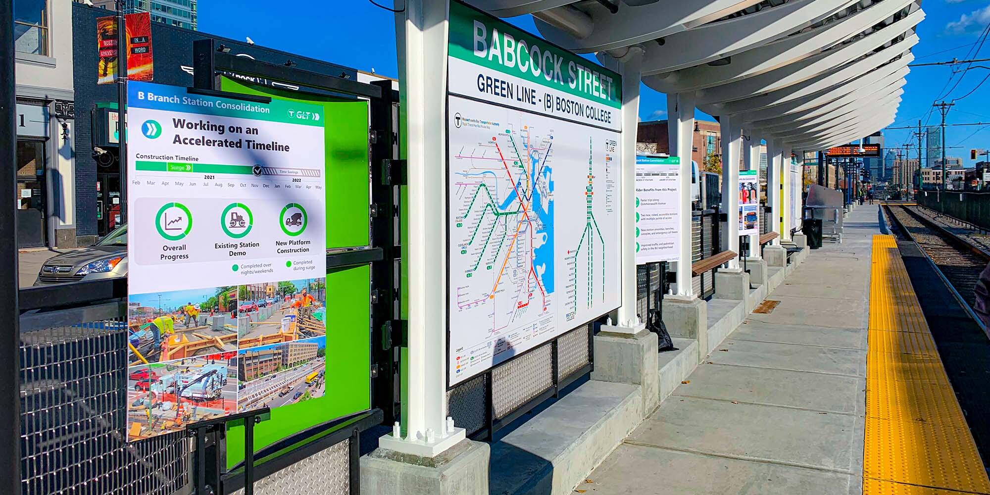 Babcock Street platform under construction with an "accelerated timeline" infographic posted