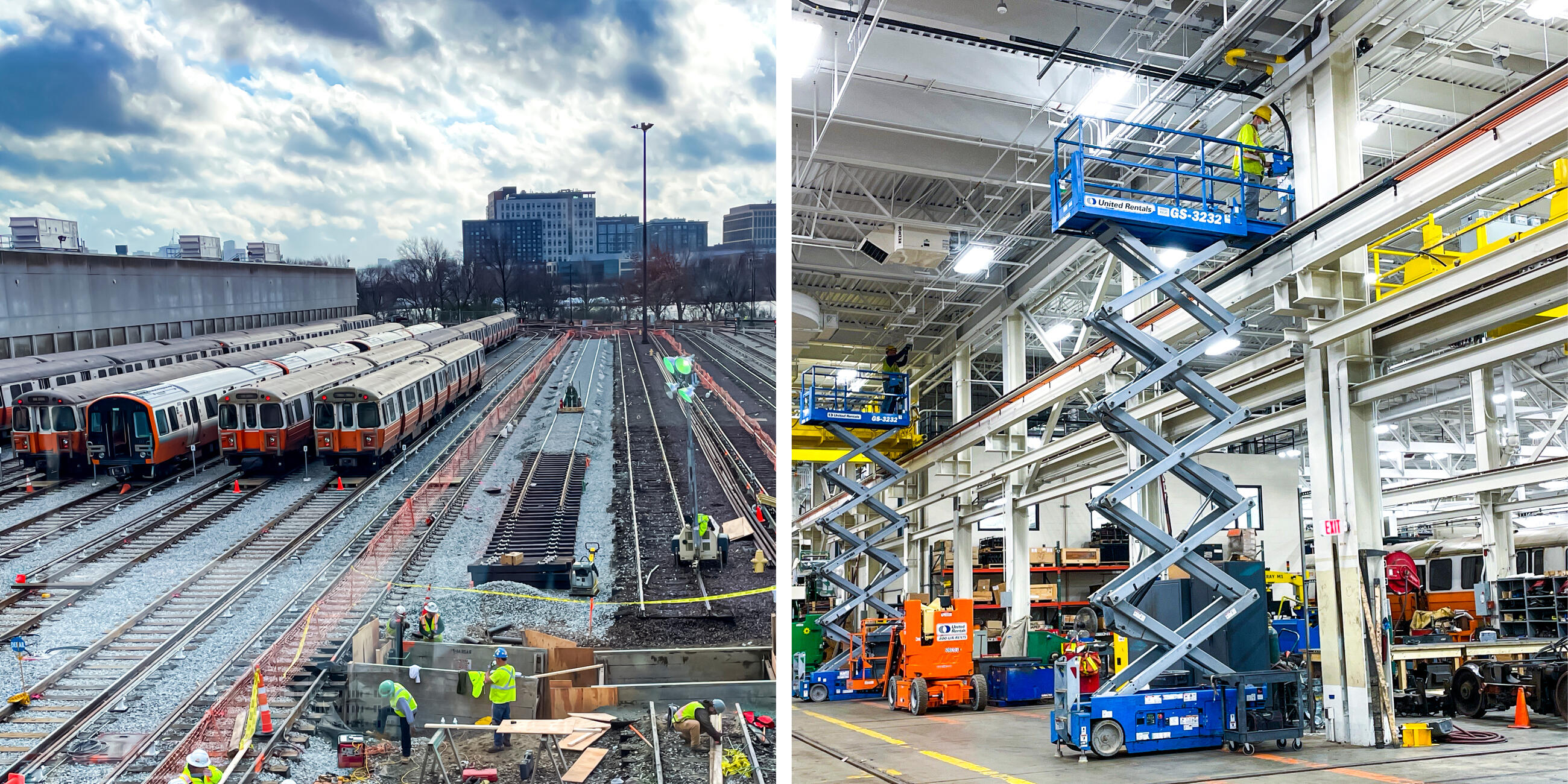 A photo of orange line trains at wellington yard next to a photo of crews working inside the train yard facility 
