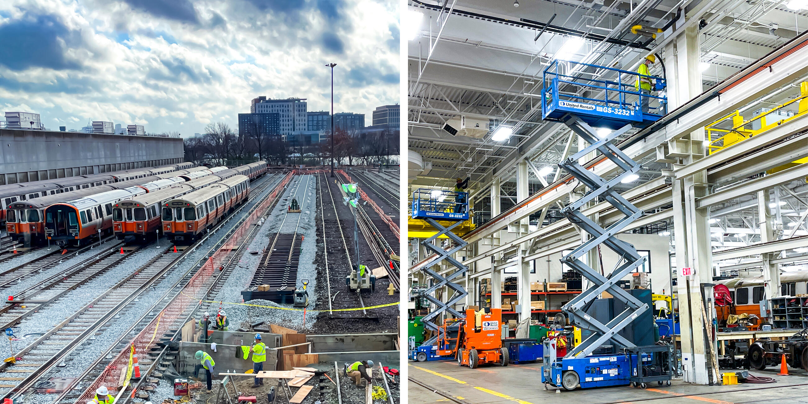 A photo of orange line trains at wellington yard next to a photo of crews working inside the train yard facility