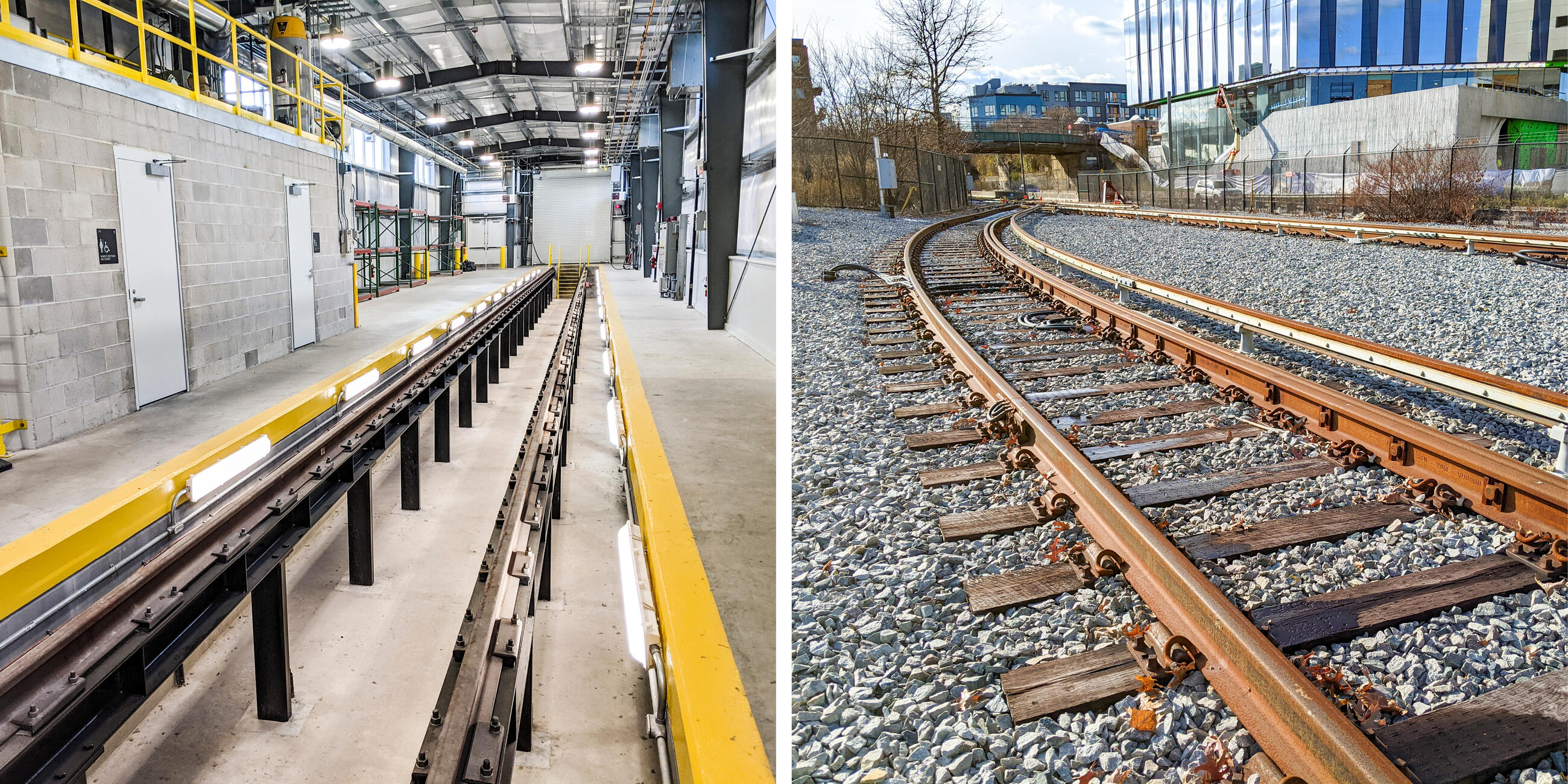 A photo of the inside of the new vehicle testing facility next to a photo of the test tracks outside