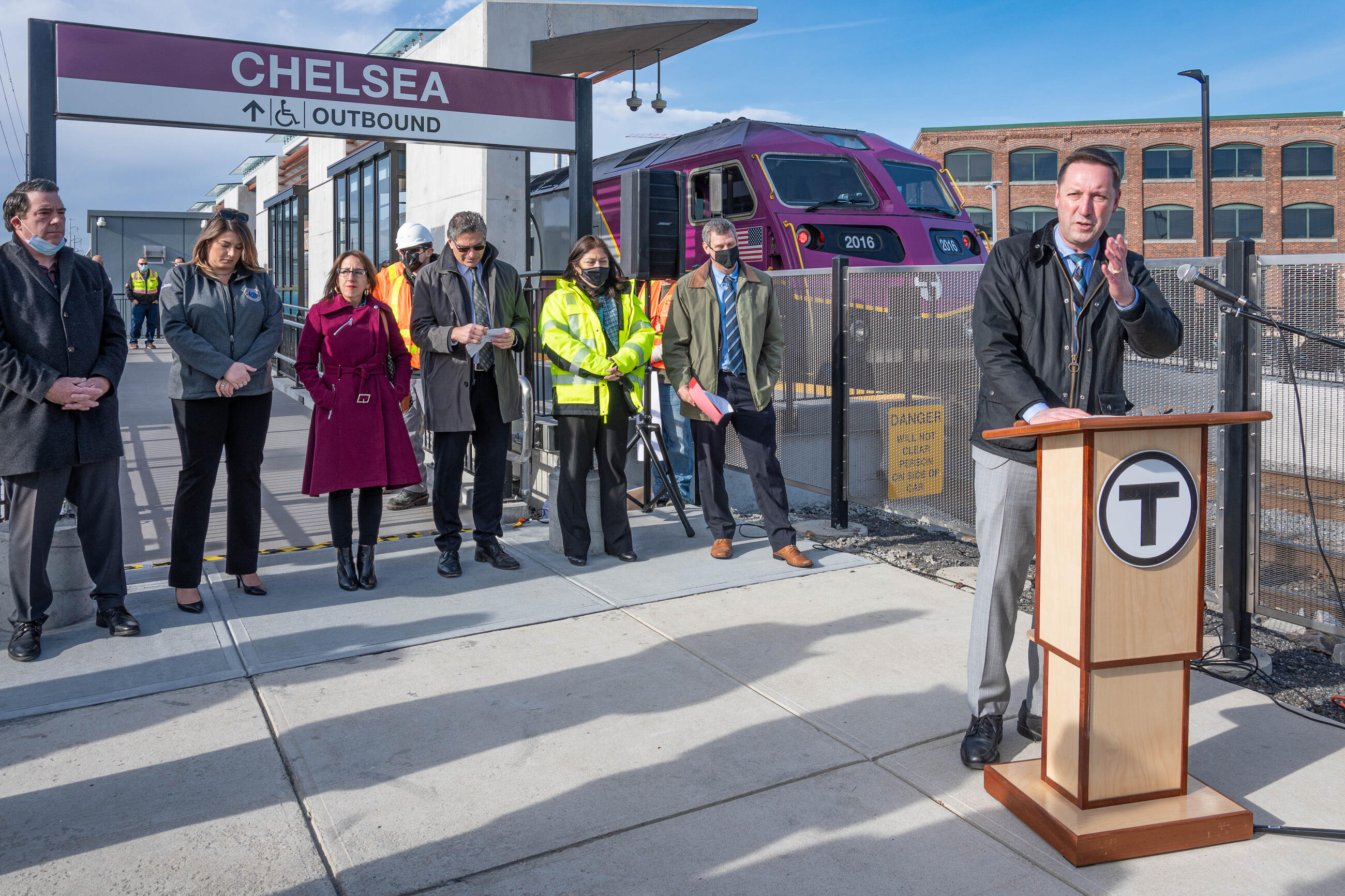 MBTA General Manager Steve Poftak speaks at the Chelsea Station ribbon-cutting with MassDOT Secretary and CEO Jamey Tesler and community leaders.