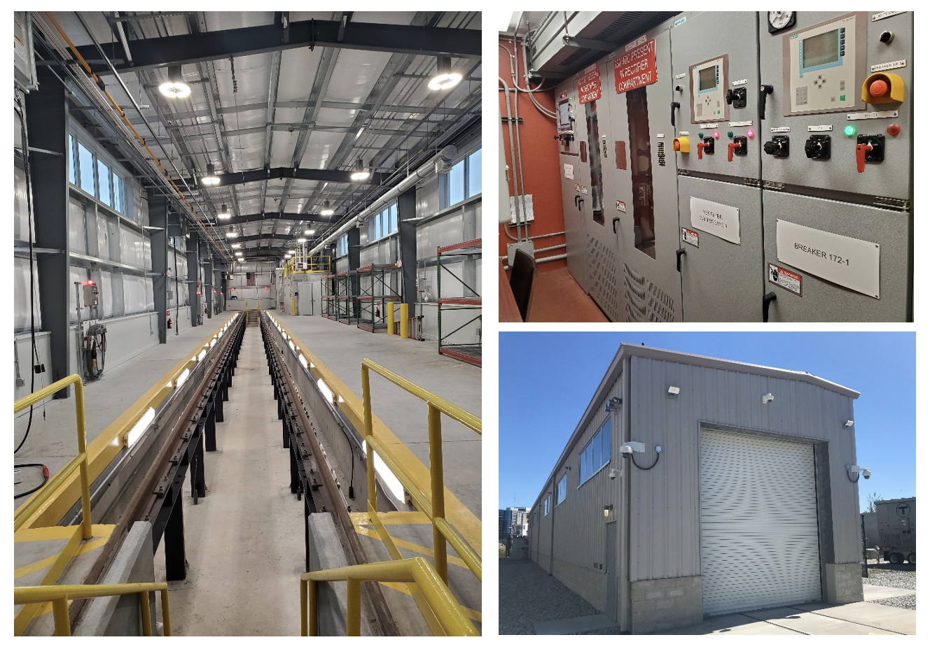 three photos of the interior of the new red line testing facility: test tracks inside the building, circuit boxes and breakers, and a large warehouse garage door outside leading to tracks