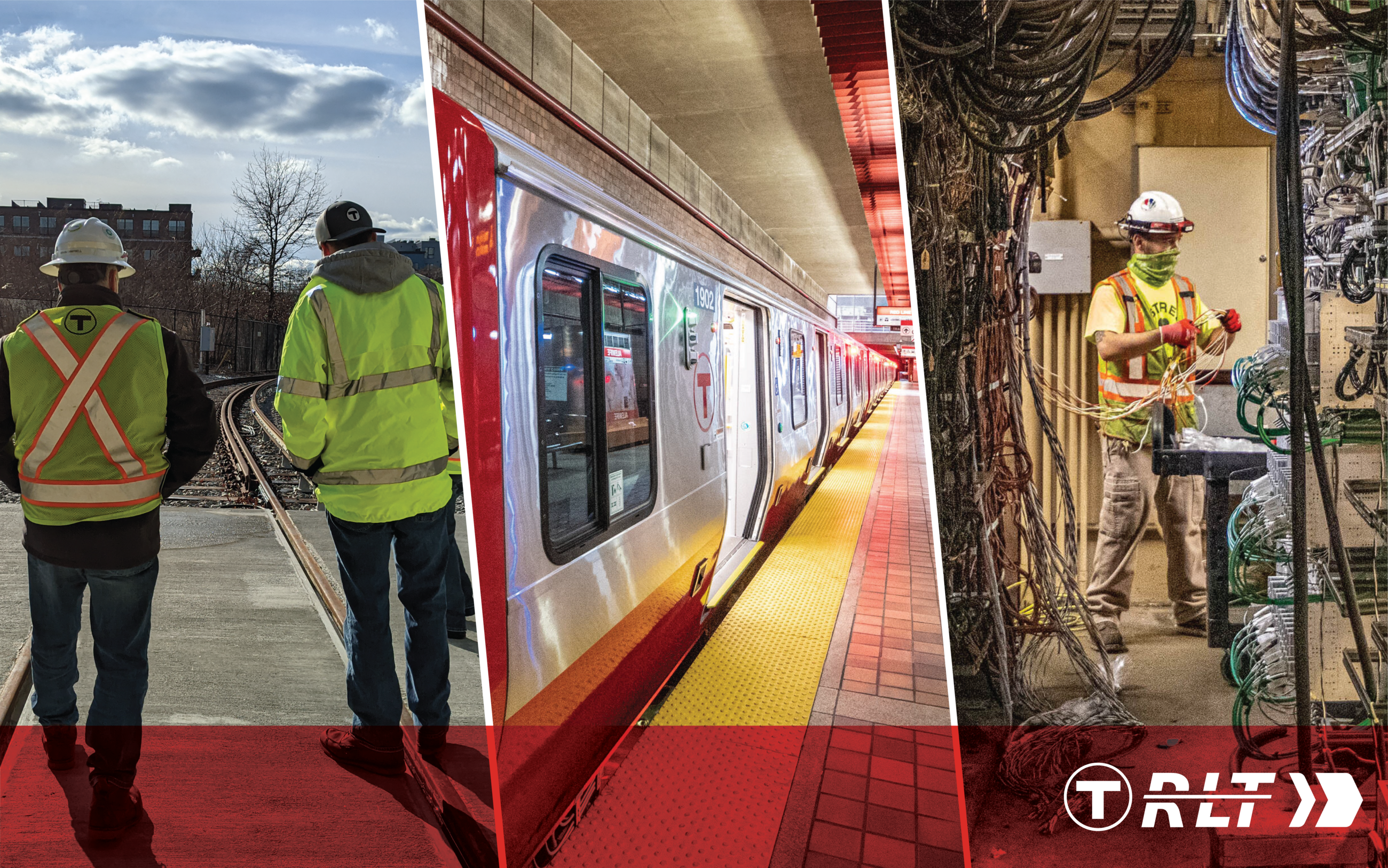 A photo of two red line construction workers, a red line train, and a crew member next to the red line signal wire stacks, with an RLT logo banner at the bottom going across all three