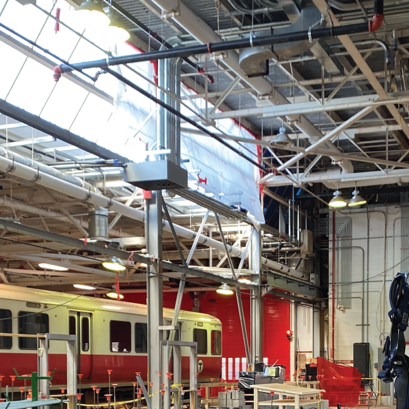 A red line train inside the Cabot vehicle maintenance facility