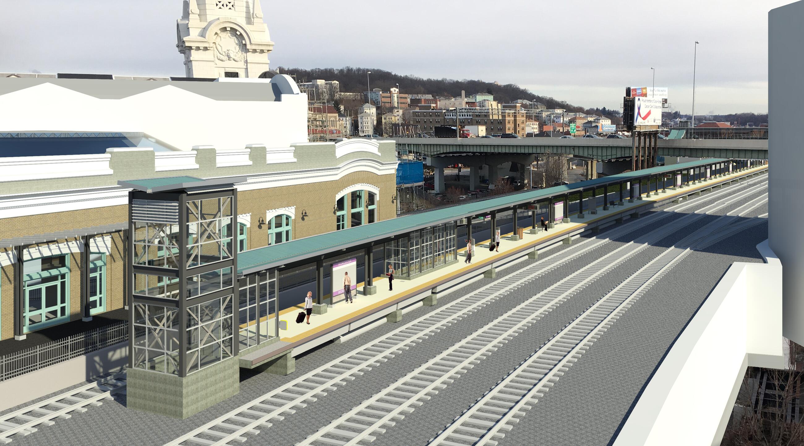 An artist's rendering of how Worcester Union station will look after accessibility improvements have been completed. The station is shown from above with riders waiting on the long platform, which is covered by a long roof.