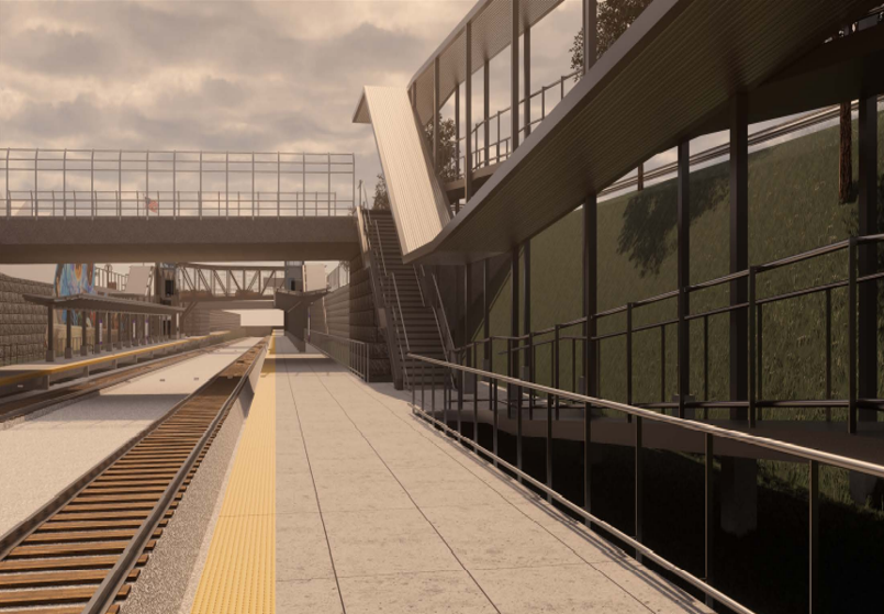 A rendering showing what the new ramp and stairs will look like next to the Natick Center Station platform. They face each other
