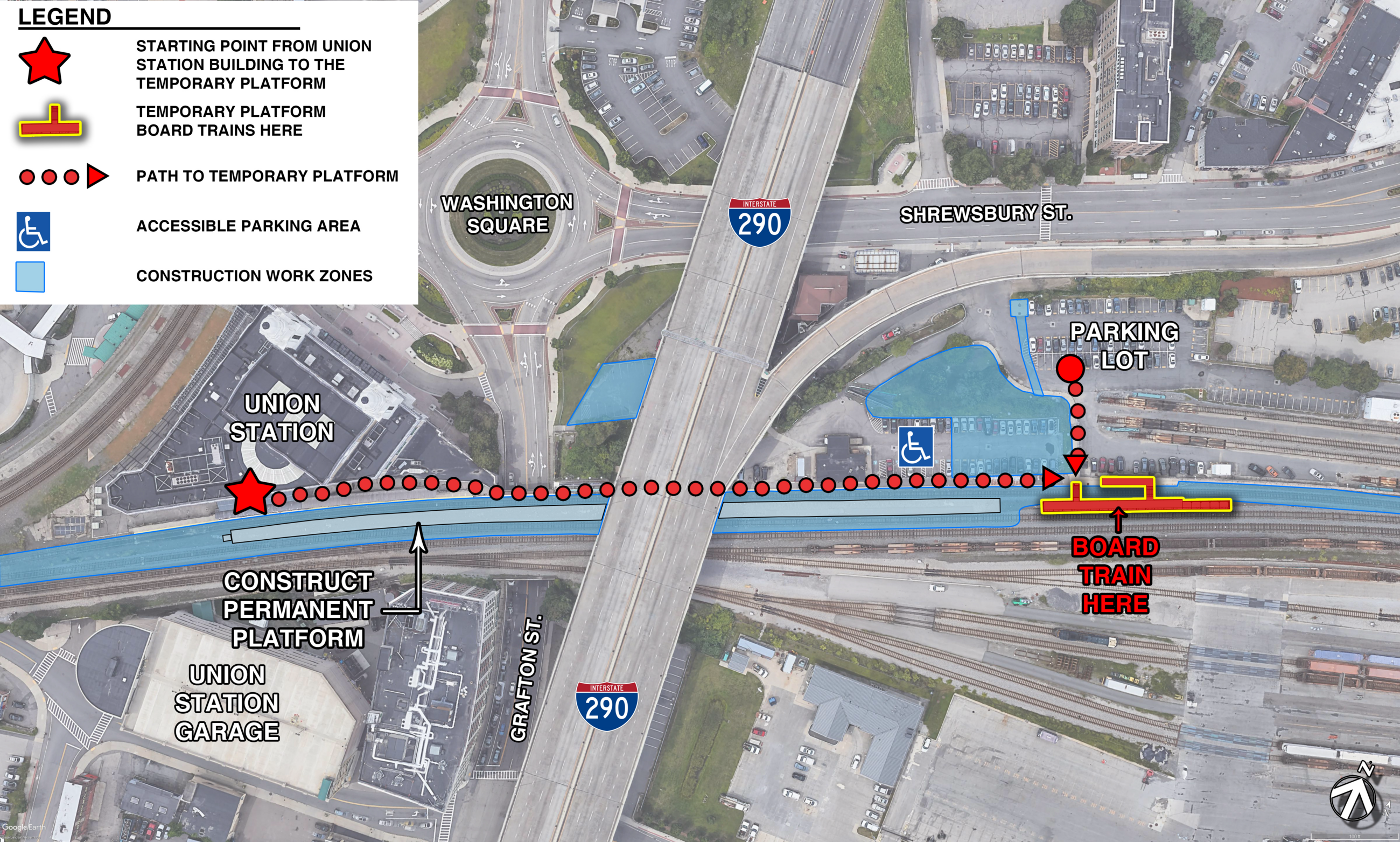 Overhead photo of the station area is labeled with local streets, the station building, the parking garage, and lot, and a legend explaining paths from parking areas to the temporary platform.