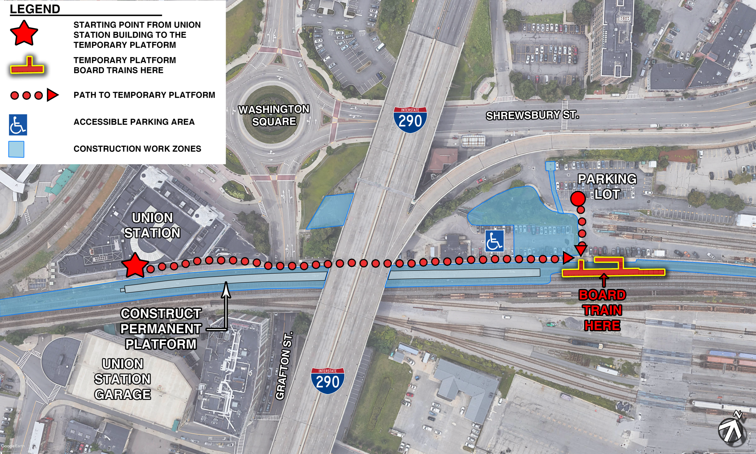 Overhead photo of the station area is labeled with local streets, the station building, the parking garage, and lot, and a legend explaining paths from parking areas to the temporary platform. 