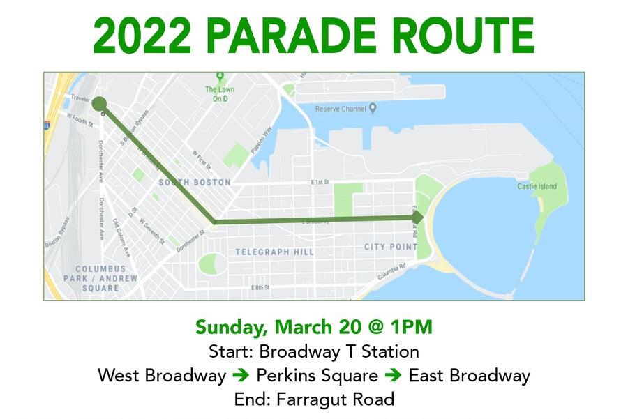 a map showing the 2022 parade route starting at Broadway Station, going down West Broadway and then East Broadway streets, then ending at Farragut Road by the waterfront
